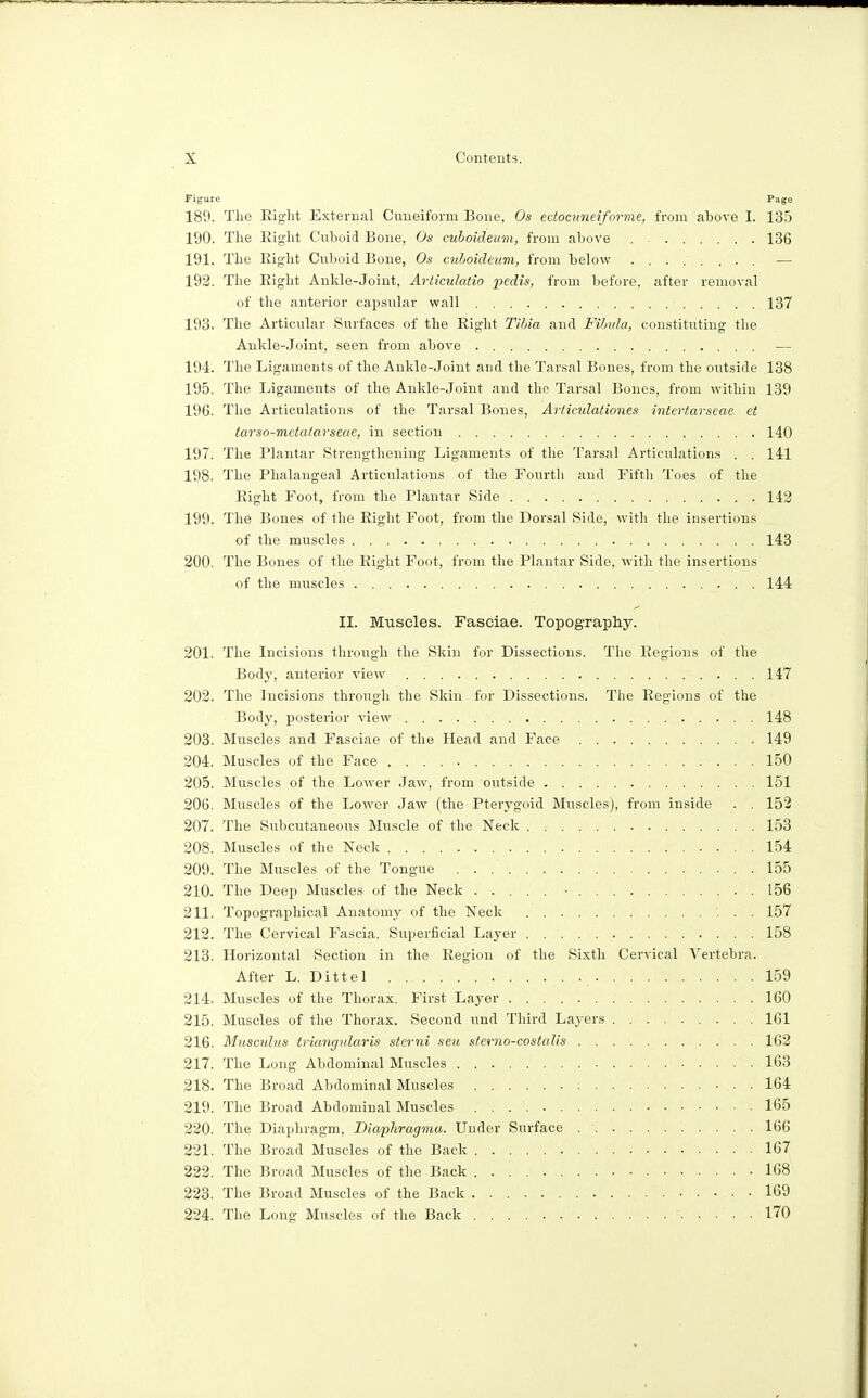 Figure Page 189. The Right External Cuneiform Bone, Os ectdcuneiforme, from above I. 135 100. The Eight Cuboid Bone, Os cuboideum, from above 136 191. The Right Cuboid Bone, Os cuboideum, from below . — 192. The Right Ankle-Joint, Articulatio pedis, from before, after removal of the anterior capsular wall 137 193. The Articular Surfaces of the Right Tibia and Fibula, constituting the Ankle-Joint, seen from above — 194. The Ligaments of the Ankle-Joint and the Tarsal Bones, from the outside 138 195. The Ligaments of the Ankle-Joint and the Tarsal Bones, from within 139 196. The Articulations of the Tarsal Bones, Avticulationes intertavseae et tarso-mctatarseae, in section 140 197. The Plantar Strengthening Ligaments of the Tarsal Articulations . . 141 198. The Phalangeal Articulations of the Fourth and Fifth Toes of the Right Foot, from the Plantar Side 142 199. The Bones of the Right Foot, from the Dorsal Side, with the insertions of the muscles 143 200. The Bones of the Right Foot, from the Plantar Side, with the insertions of the muscles 144 II. Muscles. Fasciae. Topography. 201. The Incisions through the Skin for Dissections. The Regions of the Body, anterior view 147 202. The Incisions through the Skin for Dissections. The Regions of the Body, posterior view 148 203. Muscles and Fasciae of the Head and Face 149 204. Muscles of the Face 150 205. Muscles of the Lower Jaw, from outside . . 151 206. Muscles of the Lower Jaw (the Pterygoid Muscles), from inside . . 152 207. The Subcutaneous Muscle of the Neck . 153 208. Muscles of the Neck 154 209. The Muscles of the Tongue 155 210. The Deep Muscles of the Neck • . . . 156 211. Topographical Anatomy of the Neck 157 212. The Cervical Fascia. Superficial Layer 158 213. Horizontal Section in the Region of the Sixth Cervical Vertebra. After L. Dittel ....................... 159 214. Muscles of the Thorax. First Layer 160 215. Muscles of the Thorax. Second tind Third Layers 161 216. Musculus tviangidaris sterni seu sterno-costalis 162 217. The Long Abdominal Muscles 163 218. The Broad Abdominal Muscles : 164 219. The Broad Abdominal Muscles 165 220. The Diaphragm, Diaphragma. Under Surface 166 221. The Broad Muscles of the Back 167 222. The Broad Muscles of the Back 168 223. The Broad Muscles of the Back . 169 224. The Long Muscles of the Back • 170