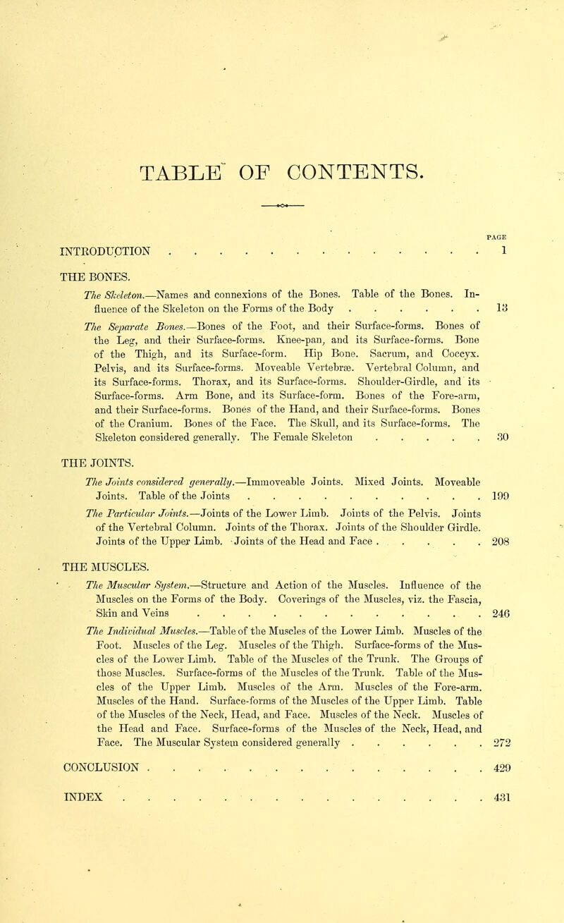 TABLE OF CONTENTS. PAGE INTRODUCTION 1 THE BONES. The SluMon.—Names and connexions of the Bones. Table of the Bones. In- fluence of the Skeleton on the Forms of the Body 13 The Sepm-ate Bones.—Bones of the Foot, and their Surface-forms. Bones of the Leg, and their Surface-forms. Knee-pan, and its Surface-forms. Bone of the Thigh, and its Surface-form. Hip Bone. Saci-um, and Coccyx. Pelvis, and its Surface-forms. Moveahle Vertebrae. Vertebral Column, and its Surface-forms. Thorax, and its Surface-forms. Shoulder-Girdle, and its • Surface-forms. Arm Bone, and its Surface-form. Bones of the Fore-arm, and their Surface-forms. Bones of the Hand, and their Surface-forms. Bones of the Cranium. Bones of the Face. The Skull, and its Surface-forms. The Skeleton considered generally. The Female Skeleton 30 The Joints considered generally.—Immoveable Joints. Mixed Joints. Moveable The Particular Joints.—Joints of the Lower Limb. Joints of the Pelvis. Joints of the Vertebral Column. Joints of the Thorax. Joints of the Shoulder Girdle. Joints of the Upper Limb. ■ Joints of the Head and Face . . . . . 208 THE MUSCLES. The Muscular System.—Structure and Action of the Muscles. Influence of the Muscles on the Forms of the Body. Coverings of the Muscles, viz. the Fascia, Skin and Veins 246 The Individual Muscles.—Table of the Muscles of the Lower Limb. Muscles of the Foot. Muscles of the Leg. Muscles of the Thigh. Surface-forms of the Mus- cles of the Lower Limb. Table of the Muscles of the Trunk. The Groups of those Muscles. Surface-forms of the Muscles of the Trunk. Table of the Mus- cles of the Upper Limb. Muscles of the Arm. Muscles of the Fore-arm. Muscles of the Hand. Surface-forms of the Muscles of the Upper Limb. Table of the Muscles of the Neck, Head, and Face. Muscles of the Neck. Muscles of the Head and Face. Surface-forms of the Muscles of the Neck, Head, and Face. The Muscular System considered generally 272 THE JOINTS. Joints. Table of the Joints 199 CONCLUSION 429 INDEX 431