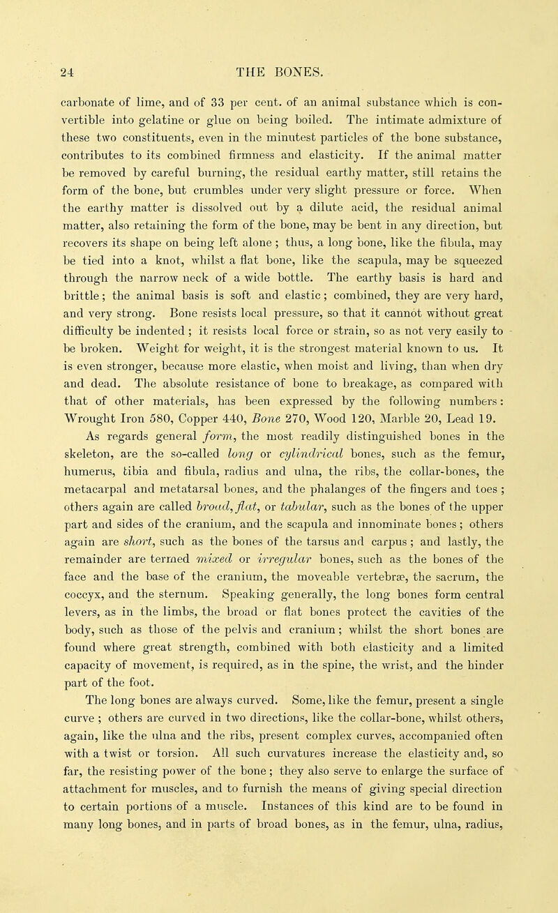 carbonate of lime, and of 33 per cent, of an animal substance which is con- vertible into gelatine or glue on being boiled. The intimate admixture of these two constituents, even in the minutest particles of the bone substance, contributes to its combined firmness and elasticity. If the animal matter be removed by careful burning, the residual earthy matter, still retains the form of the bone, but crumbles under very slight pressure or force. When the earthy matter is dissolved out by a dilute acid, the residual animal matter, also retaining the form of the bone, may be bent in any direction, but recovers its shape on being left alone; thus, a long bone, like the fibula, may be tied into a knot, whilst a flat bone, like the scapula, may be squeezed through the narrow neck of a wide bottle. The earthy basis is hard and brittle; the animal basis is soft and elastic; combined, they are very hard, and very strong. Bone resists local pressure, so that it cannot without great difficulty be indented ; it resists local force or strain, so as not very easily to be broken. Weight for weight, it is the strongest material known to us. It is even stronger, because more elastic, when moist and living, than when dry and dead. The absolute resistance of bone to breakage, as compared with that of other materials, has been expressed by the following numbers: Wrought Iron 580, Copper 440, Bone 270, Wood 120, Marble 20, Lead 19. As regards general form, the most readily distinguished bones in the skeleton, are the so-called long or cylindrical bones, such as the femur, humerus, tibia and fibula, radius and ulna, the ribs, the collar-bones, the metacarpal and metatarsal bones, and the phalanges of the fingers and toes ; others again are called broad, flat, or tabular, such as the bones of the upper part and sides of the cranium, and the scapula and innominate bones; others again are short, such as the bones of the tarsus and carpus ; and lastly, the remainder are termed mixed or irregular bones, such as the bones of the face and the base of the cranium, the moveable vertebrae, the sacrum, the coccyx, and the sternum. Speaking generally, the long bones form central levers, as in the limbs, the broad or flat bones protect the cavities of the body, such as those of the pelvis and cranium; whilst the short bones are found where great strength, combined with both elasticity and a limited capacity of movement, is required, as in the spine, the wrist, and the hinder part of the foot. The long bones are always curved. Some, like the femur, present a single curve ; others are curved in two directions, like the collar-bone, whilst others, again, like the ulna and the ribs, present complex curves, accompanied often with a twist or torsion. All such curvatures increase the elasticity and, so far, the resisting power of the bone; they also serve to enlarge the surface of attachment for muscles, and to furnish the means of giving special direction to certain portions of a muscle. Instances of this kind are to be found in many long bones, and in parts of broad bones, as in the femur, ulna, radius,