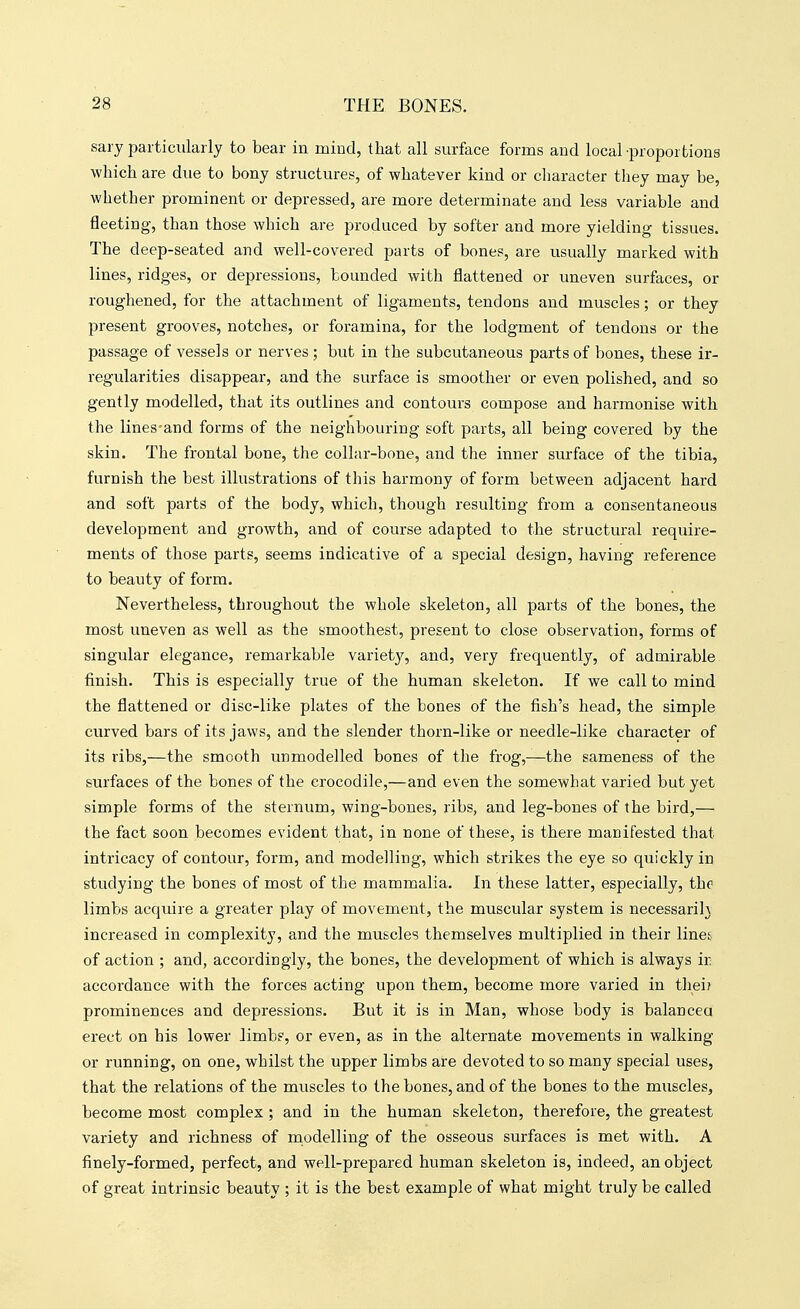 sary particularly to bear in mind, that all surface forms and local proportions which are due to bony structures, of whatever kind or character they may be, whether prominent or depressed, are more determinate and less variable and fleeting, than those which are produced by softer and more yielding tissues. The deep-seated and well-covered parts of bones, are usually marked with lines, ridges, or depressions, bounded with flattened or uneven surfaces, or roughened, for the attachment of ligaments, tendons and muscles; or they present grooves, notches, or foramina, for the lodgment of tendons or the passage of vessels or nerves ; but in the subcutaneous parts of bones, these ir- regularities disappear, and the surface is smoother or even polished, and so gently modelled, that its outlines and contours compose and harmonise with the lines-and forms of the neighbouring soft parts, all being covered by the skin. The frontal bone, the collar-bone, and the inner surface of the tibia, furnish the best illustrations of this harmony of form between adjacent hard and soft parts of the body, which, though resulting from a consentaneous development and growth, and of course adapted to the structural require- ments of those parts, seems indicative of a special design, having reference to beauty of form. Nevertheless, throughout the whole skeleton, all parts of the bones, the most uneven as well as the smoothest, present to close observation, forms of singular elegance, remarkable variet}^, and, very frequently, of admirable finish. This is especially true of the human skeleton. If we call to mind the flattened or disc-like plates of the bones of the fish's head, the simple curved bars of its jaws, and the slender thorn-like or needle-like character of its ribs,—the smooth unmodelled bones of the frog,—the sameness of the surfaces of the bones of the crocodile,—and even the somewhat varied but yet simple forms of the sternum, wing-bones, ribs, and leg-bones of the bird,— the fact soon becomes evident that, in none of these, is there manifested that intricacy of contour, form, and modelling, which strikes the eye so quickly in studying the bones of most of the mammalia. In these latter, especially, the limbs acquire a greater play of movement, the muscular system is necessarilj increased in complexity, and the muscles themselves multiplied in their linei. of action ; and, accordingly, the bones, the development of which is always ir accordance with the forces acting upon them, become more varied in thei? prominences and depressions. But it is in Man, whose body is balancea erect on his lower limbs, or even, as in the alternate movements in walking or running, on one, whilst the upper limbs are devoted to so many special uses, that the relations of the muscles to the bones, and of the bones to the muscles, become most complex ; and in the human skeleton, therefore, the greatest variety and richness of inodelling of the osseous surfaces is met with. A finely-formed, perfect, and well-prepared human skeleton is, indeed, an object of great intrinsic beauty ; it is the best example of what might truly be called