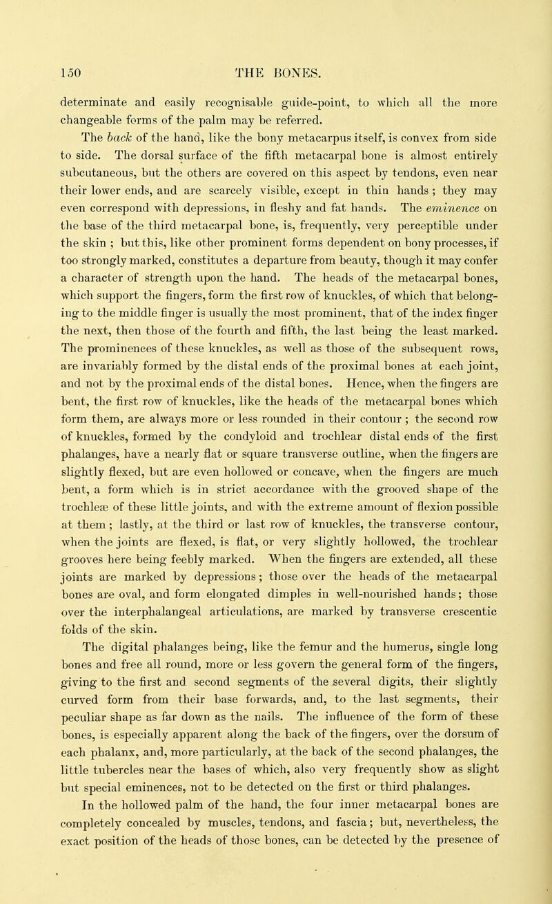 determinate and easily recognisable guide-point, to which all the more changeable forms of the palm may be referred. The hack of the hand, like the bony metacarpus itself, is convex from side to side. The dorsal surface of the fifth metacarpal bone is almost entirely subcutaneous, but the others are covered on this aspect by tendons, even near their lower ends, and are scarcely visible, except in thin hands ; they may even correspond with depressions, in fleshy and fat hands. The eminence on the base of the third metacarpal bone, is, frequently, very perceptible under the skin ; but this, like other prominent forms dependent on bony processes, if too strongly marked, constitutes a departure from beauty, though it may confer a character of strength upon the hand. The heads of the metacarpal bones, which support the fingers, form the first row of knuckles, of which that belong- ing to the middle finger is usually the most prominent, that of the iiidex finger the next, then those of the fourth and fifth, the last being the least marked. The prominences of these knuckles, as well as those of the subsequent rows, are invariably formed by the distal ends of the proximal bones at each joint, and not by the proximal ends of the distal bones. Hence, when the fingers are bent, the first row of knuckles, like the heads of the metacarpal bones which form them, are always more or less rounded in their contour ; the second row of knuckles, formed by the condyloid and trochlear distal ends of the first phalanges, have a nearly flat or square transverse outline, when the fingers are slightly flexed, but are even hollowed or concave, when the fingers are much bent, a form which is in strict accordance with the grooved shape of the trochlese of these little joints, and with the extreme amount of flexion possible at them; lastly, at the third or last row of knuckles, the transverse contour, when the joints are flexed, is flat, or very slightly hollowed, the trochlear grooves here being feebly marked. When the fingers are extended, all these joints are marked by depressions; those over the heads of the metacarpal bones are oval, and form elongated dimples in well-nourished hands; those over the inter phalangeal articulations, are marked by transverse crescentic folds of the skin. The digital phalanges being, like the femur and the humerus, single long bones and free all round, more or less govern the general form of the fingers, giving to the first and second segments of the several digits, their slightly curved form from their base forwards, and, to the last segments, their peculiar shape as far down as the nails. The influence of the form of these bones, is especially apparent along the back of the fingers, over the dorsum of each phalanx, and, more particularly, at the back of the second phalanges, the little tubercles near the bases of which, also very frequently show as slight but special eminences, not to be detected on the first or third phalanges. In the hollowed palm of the hand, the four inner metacarpal bones are completely concealed by muscles, tendons, and fascia; but, nevertheless, the exact position of the heads of those bones, can be detected by the presence of