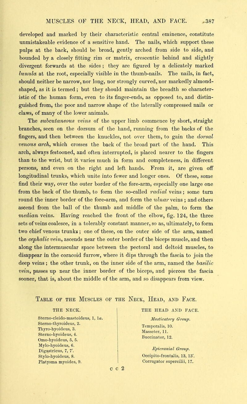 MUSCLES OF THE NECK, HEAD, AND FACE. .-387 developed and marked by their characteristic central eminence, constitute unmistakeable evidence of a sensitive hand. The nails, which support these pulps at the back, should be broad, gently arched from side to side, and bounded by a closely fitting rim or matrix, crescentic behind and slightly divergent forwards at the sides; they are figured by a delicately marked lunula at the root, especially visible in the thumb-nails. The nails, in fact, should neither be narrow, nor long, nor strongly curved, nor markedly almond- shaped, as it is termed; but they should maintain the breadth so character- istic of the human form, even to its finger-ends, as opposed to, and distin- guished from, the poor and narrow shape of the laterally compressed nails or claws, of many of the lower animals. The subcutaneous veins of the upper limb commence by short, straight branches, seen on the dorsum of the hand, running from the backs of the fingers, and then between the knuckles, not over them, to gain the dorsal venous arch, which crosses the back of the broad part of the hand. This arch, always festooned, and often interrupted, is placed nearer to the fingers than to the wrist, but it varies much in form and completeness, in different persons, and even on the right and left hands. From it, are given off longitudinal trunks, which unite into fewer and longer ones. Of these, some find their way, over the outer border of the fore-arm, especially one large one from the back of the thumb, to form the so-called radial veins; some turn round the inner border of the fore-arm, and form the ulnar veins ; and others ascend from the ball of the thumb and middle of the palm, to form the median veins. Having reached the front of the elbow, fig. 124, the three sets of veins coalesce, in a tolerably constant manner, so as, ultimately, to form two chief venous trunks ; one of these, on the outer side of the arm, named the cephalic vein, ascends near the outer border of the biceps muscle, and then along the intermuscular space between the pectoral and deltoid muscles, to disappear in the coracoid furrow, where it dips through the fascia to join the deep veins ; the other trunk, on the inner side of the arm, named the basilic vein, passes up near the inner border of the biceps, and pierces the fascia sooner, that is, about the middle of the arm, and so disappears from view. Table of the Muscles of the Neck, Head, mh) Face. THE NECK. the head and face. Sterno-cleido-mastoideus, 1, la. Sterno-thjToideus, 2. Temporalis, 10. Masseter, 11. Buccinator, 12. Masticatory Group. Thyro-hyoideus, 3. Sterno-hyoideus, 4. Omo-hyoideus, 5, 5. Mylo-hyoideus, 6. Digastricus, 7, 7'. Stylo-hyoideus, 8. Epicranial Group. Occipito-frontalis, 13, 13'. Corrugator supercilii, 17. Platysma myoides, 9. c c 2