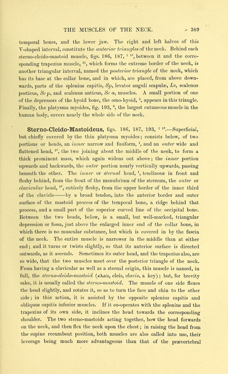 temporal bones, and the lower jaw. The right and left halves of this V-shaped interval, constitute the anterior triangles of the neck. Behind each sterno-cleido-mastoid muscle, figs. 186, 187, ' between it and the corre- sponding trapezius muscle, which forms the extreme border of the neck, is another triangular interval, named the posterior triangle of the neck, which has its base at the collar bone, and in which, are placed, from above down- wards, parts of the splenius capitis, Sp, levator anguli scapulae, Le, scalenus posticus, Sep, and scalenus anticus, Sc a, muscles. A small portion of one of the depressors of the hyoid bone, the omo-hyoid, ^, appears in this triangle. Finally, the platysma myoides, fig. 193, ^, the largest cutaneous muscle in the human body, covers nearly the whole side of the neck. Sterno-Cleido-Mastoideus, figs. 186, 187, 193, ' '.—Superficial, but chiefly covered by the thin platysma myoides; consists below, of two portions or heads, an inner narrow and fusiform, \ and an outer wide and flattened head, the two joining about the middle of the neck, to form a thick prominent mass, which again widens out above ; the inner portion upwards and backwards, the outer portion nearly vertically upwards, passing beneath the other. The inner or sternal head, tendinous in front and fleshy behind, from the front of the manubrium of the sternum, the outer or clavicular head, entirely fleshy, from the upper border of the inner third of the clavicle by a broad tendon, into the anterior border and outer surface of the mastoid process of the temporal bone, a ridge behind that process, and a small part of the superior curved line of the occipital bone. Between the two heads, below, is a small, but well-marked, triangular depression or fossa, just above the enlarged inner end of the collar bone, in which there is no muscular substance, but which is covered in by the fascia of the neck. The entire muscle is narrower in the middle than at either end; and it turns or twists slightly, so that its anterior surface is directed outwards, as it ascends. Sometimes its outer head, and the trapezius also, are so wide, that the two muscles meet over the posterior triangle of the neck. From having a clavicular as well as a sternal origin, this muscle is named, in full, the sterno-cleido-mastoid (/cXsis, cleis, clavis, a key) ; but, for brevity sake, it is usually called the sterno-mastoid. The muscle of one side flexes the head slightly, and rotates it, so as to turn the face and chin to the other side; in this action, it is assisted by tbe opposite splenius capitis and obliquus capitis inferior muscles. If it co-operates with the splenius and the trapezius of its own side, it inclines the head towards the corresponding shoulder. The two sterno-mastoids acting together, bow the head forwards on the neck, and then flex the neck upon the chest; in raising the head from the supine recumbent position, both muscles are also called into use, their leverage being much more advantageous than that of the prsevertebral