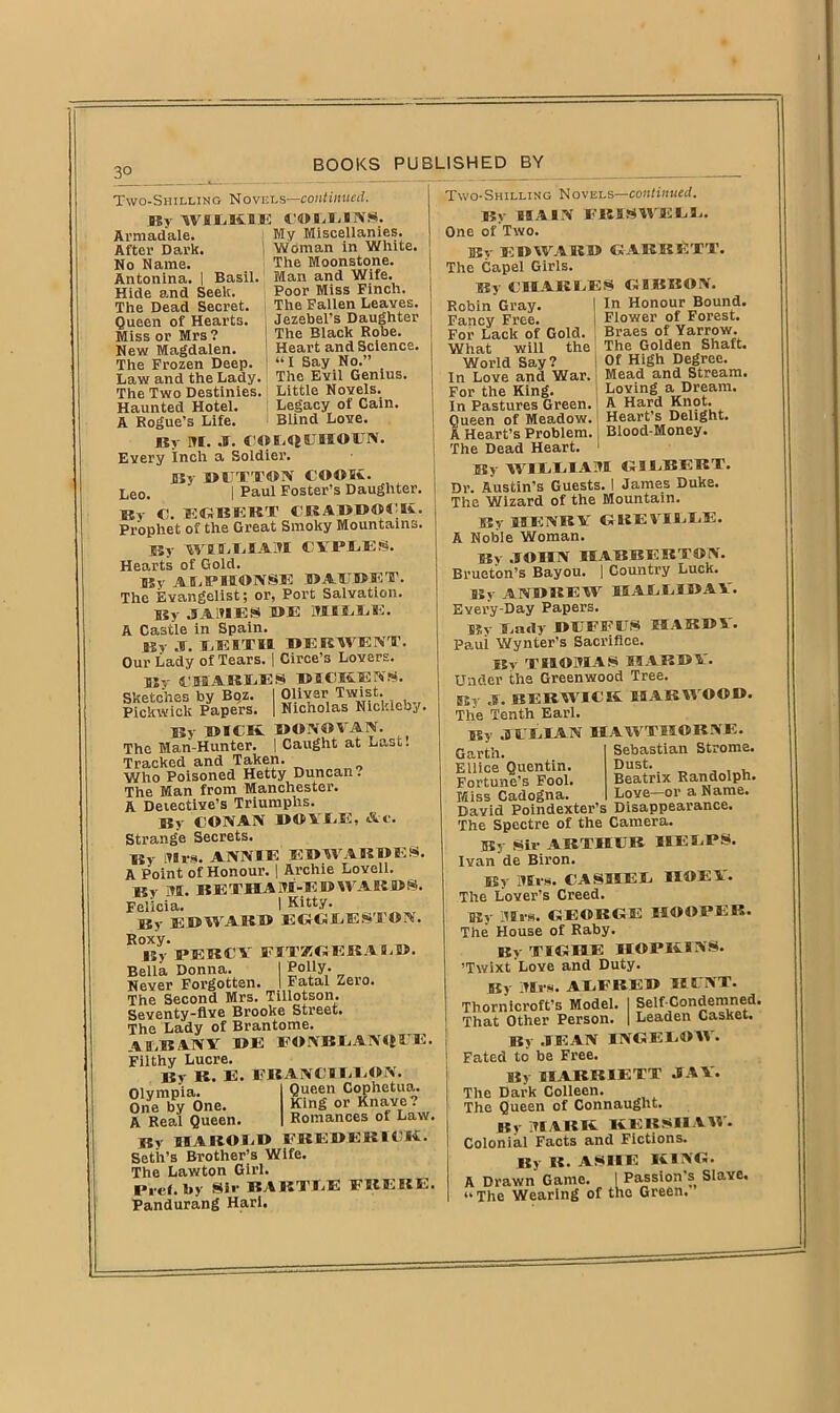 Two-Shilling Novels—continued, By WIEK1E COEEINS.. Armadale. ; My Miscellanies. After Dark. 1 Woman in White. No Name. The Moonstone. Antonina. I Basil. Man and Wife. BOOKS PUBLISHED BY Poor Miss Finch. The Fallen Leaves. Jezebel’s Daughter The Black Robe. Heart and Science. “I Say No.” The Evil Genius. Little Novels. Legacy of Cain. Blind Love. Hide and Seek. The Dead Secret. Queen of Hearts. Miss or Mrs? New Magdalen. The Frozen Deep. Law and the Lady. The Two Destinies. Haunted Hotel. A Rogue’s Life. By M. .7. COUJSJ-HOCN. Every inch a Soldier. By MUTTON COOK. Leo. | Paul Foster’s Daughter. By C. EftBEKT Prophet of the Great Smoky Mountains. By WBELIAM CTPLES. Hearts of Gold. By ACtPMONSE BAC’BET. The Evangelist; or, Port Salvation. By JAMES BE MIC.1LE. A Castle in Spain. By «T. BA'.BTII DERWENT. Our Lady of Tears. 1 Circe’s Lovers. Bt CMAREES BiCEEfiS. Sketches by Bpz. I Oliver Twist. Pickwick Papers. | Nicholas Nicldeby. By BACK DONOVAN. The Man-Hunter. | Caught at Last. Tracked and Taken. Who Poisoned Hetty Duncan . The Man from Manchester. A Detective’s Triumphs. By CONAN DOYLE, &c. Strange Secrets. By Mrs. ANNIE EDWARDES. A Point of Honour. | Archie Lovell. By M. BETIUM-EDWAIIDS. Felicia. I Kitty. By EDWARD EGGLESTON. Roxy. By PERCY FITKGEKAJ.D. Bella Donna. I Polly- Never Forgotten. I Fatal Zero. The Second Mrs. Tillotson. Seventy-five Brooke Street. The Lady of Brantome. ALBANY BE EONBLANQEE Filthy Lucre. By It. E. EBANC1LLON. Queen Cophetua. King or Knave? Romances of Law. Olympia. One by One. A Real Queen. By HAROLD FREDERICK. Seth’s Brother’s Wife. The Lawton Girl. Prcl. by Sir BABTLE FBERE. Pandurang Hari. Two-Shilling Novels—continued. By MAIN FKIfHVELL. One of Two. By EDWARD GARRETT. The Capel Girls. By CHARLES GIBBON. In Honour Bound. Flower of Forest. Braes of Yarrow. The Golden Shaft. Of High Degree. Mead and Stream. Loving a Dream. A Hard Knot. Heart’s Delight. Blood-Money. Robin Gray. Fancy Free. For Lack of Gold. What will the World Say? In Love and War. For the King. In Pastures Green. Queen of Meadow. A Heart’s Problem. The Dead Heart. 1 By WILLIAM GILBERT. Dr. Austin’s Guests. I James Duke. The Wizard of the Mountain. By HENRY GBEVILLE. A Noble Woman. 85, JOHN HABBERTON. Brueton’s Bayou. | Country Luck. By ANDREW HALLIDAY. Every-Day Papers. By Cady I>CEBITS HARDY. Paui Wynter’s Sacrifice. By THOMAS HAKSJA. Under the Greenwood Tree. By ,6. BERWICK HARWOOD The Tenth Earl. By .1 CL I AN HAWTHORNE. Sebastian Strome. Dust. Beatrix Randolph. Love—or a N ame. Garth. Ellice Quentin. Fortune’s Fool. Miss Cadogna. -r-- — David Poindexter’s Disappearance. The Spectre of the Camera. By Sir ARTHUR HELPS. Ivan de Biron. By Mrs. CASHEL IIOEV. The Lover’s Creed. Ev Mrs. GEORGE HOOPER. The House of Raby. Sly TIGHE HOPKINS. ’Twixt Love and Duty. By Mrs. ALFRED HI NT. Thornicroft’s Model. I Self-Condemned. That Other Person. | Leaden Casket. By JEAN INGELOAV. Fated to be Free. By HARRIETT JAY. The Dark Colleen. The Queen of Connaught. By MARK KERSHAW. Colonial Facts and Fictions. By St. ASHE KING. A Drawn Game. I Passion's Slave. “ The Wearing of the Green.