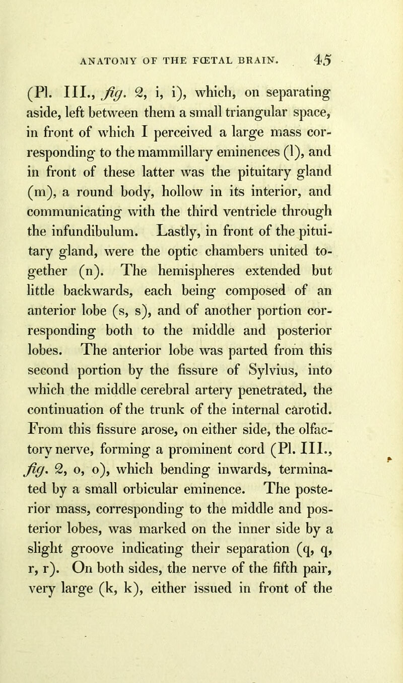 (PI. III., fig. 2, i, i), which, on separating aside, left between them a small triangular space, in front of which I perceived a large mass cor- responding to the mammillary eminences (1), and in front of these latter was the pituitary gland (m), a round body, hollow in its interior, and communicating with the third ventricle through the infundibulum. Lastly, in front of the pitui- tary gland, were the optic chambers united to- gether (n). The hemispheres extended but little backwards, each being composed of an anterior lobe (s, s), and of another portion cor- responding both to the middle and posterior lobes. The anterior lobe was parted from this second portion by the fissure of Sylvius, into which the middle cerebral artery penetrated, the continuation of the trunk of the internal carotid. From this fissure arose, on either side, the olfac- tory nerve, forming a prominent cord (PI. III., fig. 2, o, o), which bending inwards, termina- ted by a small orbicular eminence. The poste- rior mass, corresponding to the middle and pos- terior lobes, was marked on the inner side by a slight groove indicating their separation (q, q, r, r). On both sides, the nerve of the fifth pair, very large (k, k), either issued in front of the