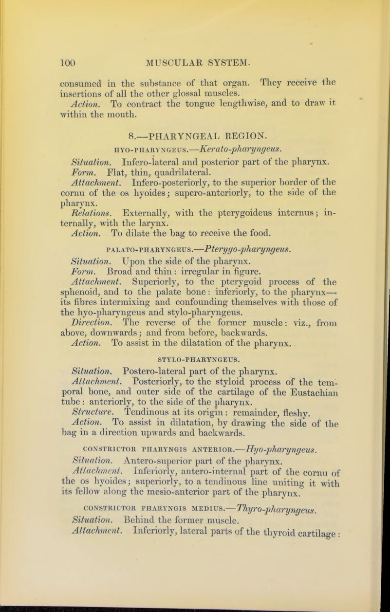 consumed in the substance of that organ. They receive the insertions of all the other glossal muscles. Action. To contract the tongue lengthwise, and to draw it within the mouth. 8.—PHARYNGEAL REGION. HYO-PHARYNGEUs.—Kerato-phai'i/nffeus. Situation. Infero-lateral and posterior part of the pharynx. Form. Flat, thin, quadrilateral. Attachment. Infero-posteriorly, to the superior border of the cornu of the os hyoides; supero-anteriorly, to the side of the pharynx. Relations. Externally, with the pterygoideus internus; in- ternally, with the larynx. Action. To dilate the bag to receive the food. PALATO-PHARYNGEUS.—Pterygo-phavyngeus. Situation. Upon the side of the pharynx. Form. Broad and thin : irregular in figui'e. Attachment. Superiorly, to the pterygoid process of the sphenoid, and to the palate bone: inferiorly, to the pharynx—■ its fibres intermixing and confounding themselves with those of the hyo-pharyngeus and stylo-pharyngeus. Direction. The reverse of the former muscle: viz., from above, downwards; and from before, backwards. Action. To assist in the dilatation of the pharynx. . STYLO-PHARYNGEUS. Situation. Postero-lateral part of the pharynx. Attachment. Posteriorly, to the styloid process of the tem- poral bone, and outer side of the cartilage of the Eustachian tube : anteriorly, to the side of the pharynx. Structure. Tendinous at its origin : remainder, fleshy. Action. To assist in dilatation, by drawing the side of the bag in a direction upwards and backwards. CONSTRICTOR piiARYNGis ANTERIOR.—liyo-pharyngcus. Situation. Antero-superior part of the pharynx. Attachment. Inferiorly, antero-internal part of the cornu of the OS hyoides; superiorly, to a tendinous line uniting it with its fellow along the mesio-anterior part of the pharynx. CONSTRICTOR PHARYNGis MEDius.—Thyvo-pharyngeus. Situation. Behind the former muscle. Attachment. Inferiorly, lateral parts of the thyroid cartilage :