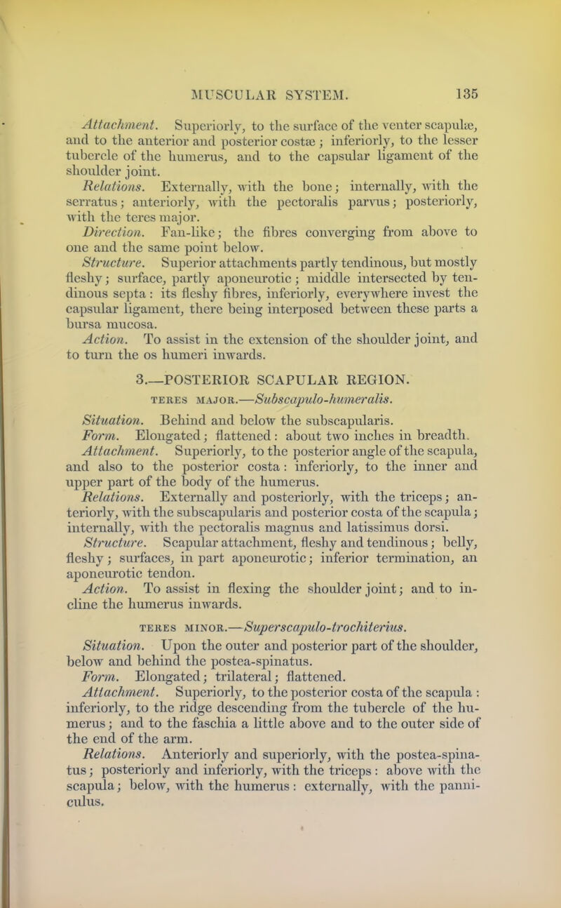 Attachment. Superiorly, to the surface of tlie venter scapulye_, and to the anterior and posterior costje ; inferiorly, to the lesser tubercle of the humerus, and to the capsular ligament of the shoulder joint. Relations. Externally, with the bone; internally, Anth the serratus; anteriorly, with the pectoralis parAOis; posteriorly, with the teres major. Direction. Fan-like; the fibres converging from above to one and the same point below. Structure. Superior attachments partly tendinous, but mostly fleshy; surface, partly aponeurotic ; middle intersected by ten- dinous septa : its fleshy fibres, inferiorly, everywhere invest the capsular ligament, there being interposed between these parts a bursa mucosa. Action. To assist in the extension of the shoulder joint, and to turn the os humeri inwards. 3.—POSTERIOR SCAPULAR REGION. TERES MAJOR.—Subscapulo-humeralis. Situation. Behind and below the subscapularis. Form. Elongated; flattened : about two inches in breadth. Attachment. Superiorly, to the posterior angle of the scapula, and also to the posterior costa : inferiorly, to the inner and upper part of the body of the humerus. Relations. Externally and posteriorly, with the triceps; an- teriorly, with the subscapularis and posterior costa of the scapula; internally, with the pectoralis magnus and latissimus dorsi. Structure. Scapular attachment, fleshy and tendinous; belly, fleshy; surfaces, in part aponeurotic; inferior termination, an aponeurotic tendon. Action. To assist in flexing the shoulder joint; and to in- cline the humerus inwards. TERES MINOR.—Superscapulo-trocMterius. Situation. Upon the outer and posterior part of the shoulder, below and behind the postea-spinatus. Form. Elongated; trilateral; flattened. Attachment. Superiorly, to the posterior costa of the scapula : inferiorly, to the ridge descending from the tubercle of the hu- merus ; and to the faschia a little above and to the outer side of the end of the arm. Relations. Anteriorly and superiorly, with the postea-spina- tus ; posteriorly and inferiorly, with the triceps : above with the scapula; below, with the humerus : externally, with the panni- culus.