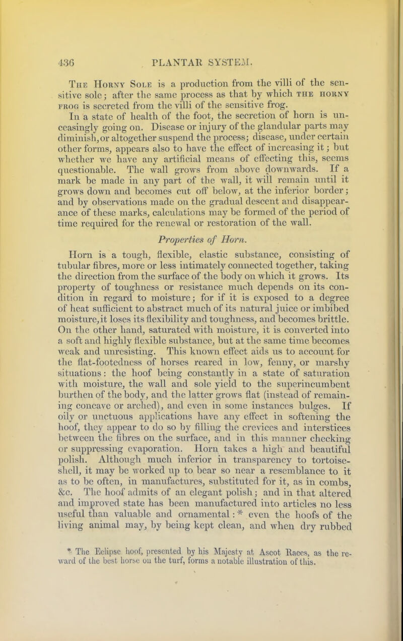 The Horny Sole is a production from tlie villi of the sen- sitive sole; after the same proeess as that by which the hokny FROG is secreted from the villi of the sensitive frog. In a state of health of the foot, the secretion of horn is un- ceasingly going on. Disease or injury of the glandular parts may diminish,or altogether suspend the process; disease, under certain other forms, appears also to have the effect of increasing it; but whether we have any artificial means of effecting this, seems questionable. The wall grows from above downwards. If a mark be made in any part of the wall, it vnll remain initil it grows doAvn and becomes cut off below, at the inferior border; and by observations made on the gradual descent and disappear- ance of these marks, calculations may be formed of the period of time required for the renewal or restoration of the wall. Properties of Horn. Horn is a tough, flexible, elastic substance, consisting of tubular fibres, more or less intimately connected together, taking the direction from the surface of the body on which it grows. Its property of toughness or resistance much depends on its con- dition in regard to moisture; for if it is exposed to a degree of heat sufficient to abstract much of its natural juice or imbibed moisture,it loses its flexibility and toughness, and becomes brittle. On the other hand, saturated mth moisture, it is converted into a soft and highly flexible substance, but at the same time becomes weak and unresisting. This known effect aids us to account for the flat-footedncss of horses reared in Ioa^^, fenny, or marshy situations: the hoof being constantly in a state of saturation with moisture, the wall and sole yield to the superincumbent burthen of the body, and the latter grows flat (instead of remain- ing concave or arched), and even in some instances bulges. If oily or unctuous applications have any effect in softening the hoof, they appear to do so by filling the crevices and intei'^tices between the fibres on the surface, and in this manner checking or suppressing evaporation. Horn takes a high and beautiful polish. Although much inferior in transparency to tortoise- shell, it may be worked up to bear so near a resemblance to it as to be often, in manufactures, substituted for it, as in combs, &c. The hoof admits of an elegant polish; and in that altered and improved state has been manufactured into articles no less useful than valuable and ornamental: even the hoofs of the living animal may, by being kept clean, and when dry rubbed * The Eclipse hoof, presented by his Majest.y at Ascot Races, as the re- ward of the best horse ou the turf, forms a notable illustration of this.