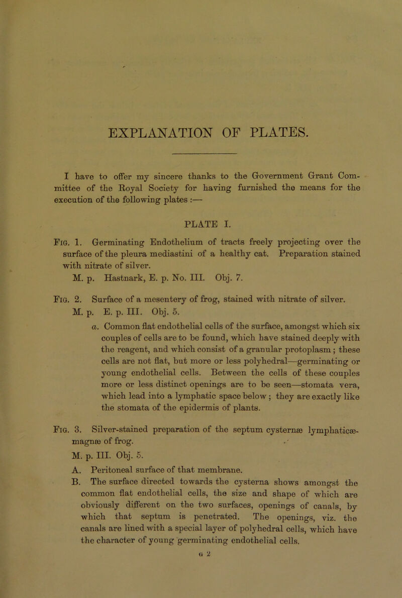 EXPLANATION OF PLATES. I have to offer my sincere thanks to the Government Grant Com- mittee of the Royal Society for having furnished the means for the execution of the following plates :— PLATE I. Fig. 1. Germinating Endothelium of tracts freely projecting over the surface of the pleura mediastini of a healthy cat. Preparation stained with nitrate of silver. M. p. Hastnark, E. p. No. III. Obj. 7. Fig. 2. Surface of a mesentery of frog, stained with nitrate of silver. M. p. E. p. III. Obj. 5. a. Common flat endothelial cells of the surface, amongst which six couples of cells are to be found, which have stained deeply with the reagent, and which consist of a granular protoplasm ; these cells are not flat, but more or less polyhedral—germinating or young endothelial cells. Between the cells of these couples more or less distinct openings are to he seen—stomata vera, which lead into a lymphatic space below; they are exactly like the stomata of the epidermis of plants. Fig. 3. Silver-stained preparation of the septum cysternse lymphaticse- magnte of frog. M. p. III. Obj. 5. A. Peritoneal surface of that membrane. B. The surface directed towards the cysterna shows amongst the common flat endothelial cells, the size and shape of which are obviously different on the two surfaces, openings of canals, by which that septum is penetrated. The openings, viz. the canals are lined with a special layer of polyhedral cells, which have the character of young germinating endothelial cells.