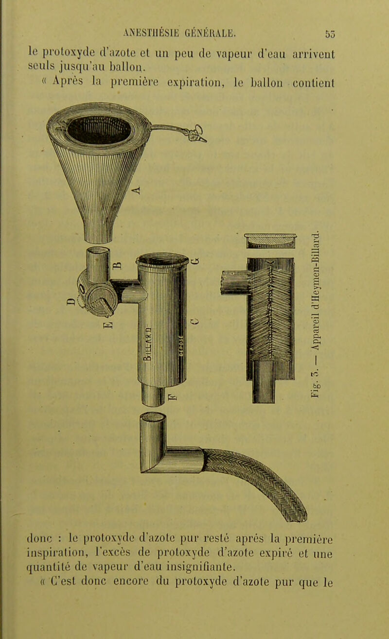 le protoxyde d'azote et un peu de vapeur d'eau arrivent seuls jusqu'au ballon. « Après la première expiration, le ballon contient donc : le protoxyde d'azote pur resté après la première inspiration, l'excès de protoxyde d'azole expii'è et une quantité de vapeur d'eau insignifiante. « C'est donc encore du protoxyde d'azole pur que le