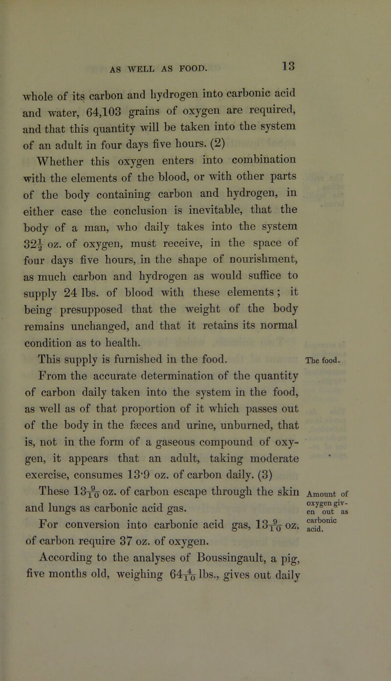 AS WELL AS FOOD. whole of its carbon and hydrogen into carbonic acid and water, 64,103 grains ot oxygen are required, and that this quantity will be taken into the system of an adult in four days five hours. (2) Whether this oxygen enters into combination with the elements of the blood, or with other parts of the body containing carbon and hydrogen, in either case the conclusion is inevitable, that the body of a man, who daily takes into the system 32^ oz. of oxygen, must receive, in the space of four days five hours, in the shape of nourishment, as much carbon and hydrogen as would suffice to supply 24 lbs. of blood with these elements; it being presupposed that the weight of the body remains unchanged, and that it retains its normal condition as to health. This supply is furnished in the food. From the accurate determination of the quantity of carbon daily taken into the system in the food, as well as of that proportion of it which passes out of the body in the faeces and urine, unburned, that is, not in the form of a gaseous compound of oxy- gen, it appears that an adult, taking moderate exercise, consumes 13‘9 oz. of carbon daily. (3) These 13-j^oz. of carbon escape through the skin and lungs as carbonic acid gas. For conversion into carbonic acid gas, 13^ oz. of carbon require 37 oz. of oxygen. According to the analyses of Boussingault, a pig, five months old, weighing 64y^ lbs., gives out daily The food. Amount of oxygen giv- en out as carbonic acid.
