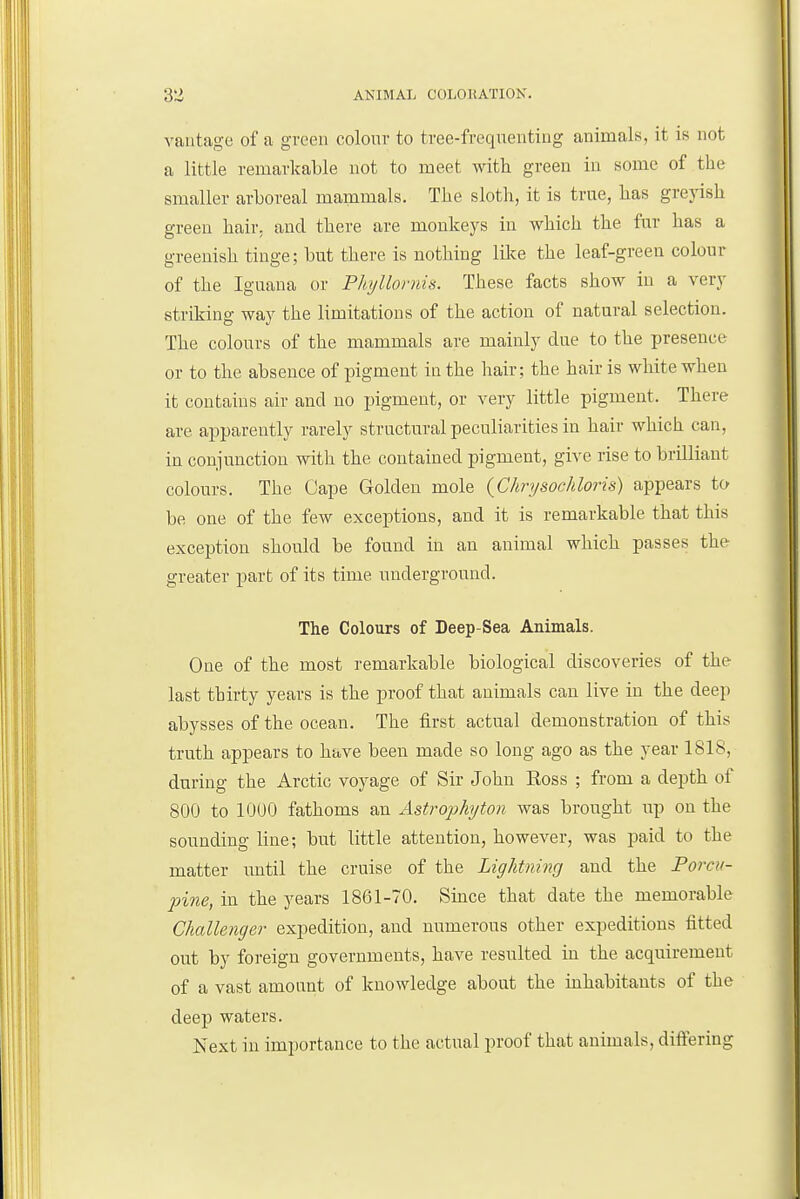 vantage of a green colour to tree-frequenting animals, it is not a little remarkable not to meet with green in some of the smaller arboreal mammals. The sloth, it is true, has greyish green hair, and there are monkeys in which the fur has a greenish tinge; but there is nothing like the leaf-green colour of the Iguana or Phyllornis. These facts show in a very striking way the limitations of the action of natural selection. The colours of the mammals are mainly due to the presence or to the absence of pigment in the hair; the hair is white when it contains air and no pigment, or very little pigment. There are apparently rarely structural peculiarities in hair which can, in conjunction with the contained pigment, give rise to brilliant colours. The Cape Golden mole {Chrysochloris) appears to be one of the few exceptions, and it is remarkable that this exception should be found in an animal which passes the greater part of its time underground. The Colours of Deep-Sea Animals. One of the most remarkable biological discoveries of the last thirty years is the proof that animals can live in the deep abysses of the ocean. The first actual demonstration of this truth appears to have been made so long ago as the year 1818, during the Arctic voyage of Sir John Boss ; from a depth of 800 to 1000 fathoms an Astrophyton was brought up ou the sounding line; but little attention, however, was paid to the matter until the cruise of the Lightning and the Porcu- pine, in the years 1861-70. Smce that date the memorable Challenger expedition, and numerous other expeditious fitted out by foreign governments, have resulted in the acquirement of a vast amount of knowledge about the mhabitants of the deep waters. Next in importance to the actual proof that animals, diftering