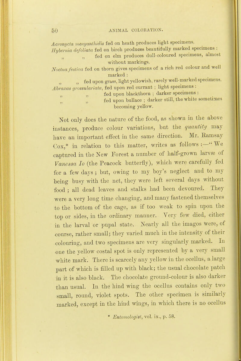 Acromjcta memjanlhidis fed on heath produces light specimens. Hybemia de/oUata fed on birch produces beautif uUy marked specimens : fed on elm produces dull-coloured specimens, almost without markings. Noctua/estiva fed on thorn gives specimens of a rich red colour and well marked : „ f ed upon grass, light yellowish, rarely well-marked specimens. Abraxas rjrossulariaia, fed upon red currant ; light specimens : „ fed upon blackthorn ; darker specimens : ^, fed upon bullace ; darker still, the white sometimes becoming yellow. Not only does the nature of the food, as shown in the above instances, produce colour variations, bat the quantiU/ may have an important effect in the same direction. Mr. Ramsay Cox,* in relation to this matter, writes as follows :— We captured in the New Forest a number of half-grown larvfe of Vanessa lo (the Peacock butterfly), which were carefully fed for a few days ; but, owing to my boy's neglect and to my l3eing busy with the net, they were left several days without food ; all dead leaves and stalks had been devoured. They were a very long time changing, and many fastened themselves to the bottom of the cage, as if too weak to spin upon the top or sides, in the ordinary manner. Very few died, either in the larval or pupal state. Nearly all the imagos were, of course, rather small; they varied much in the intensity of their colouring, and two specimens are very singularly marked. In one the yellow costal spot is only represented by a very small ■white mark. There is scarcely any yellow in the ocellus, a large part of which is filled up with black; the usual chocolate patch in it is also black. The chocolate ground-colour is also darker than usual. In the hind wing the ocellus contains only two small, roand, violet spots. The other specimen is similarly marked, except in the hind wings, in which there is no ocellus • Entomologist, vol. ix., p. 58.