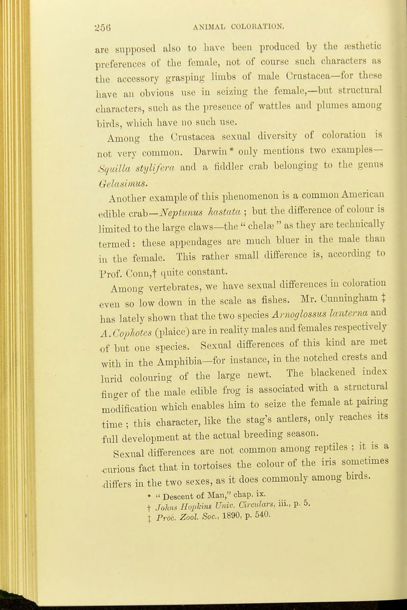 are supposed also to have been produced by the a3sthetic preferences of the female, not of course such characters as the accessory grasping limbs of male Crustacea—for these liave an obvious use in seizing the female,—but structural characters, such as the presence of wattles and plumes among birds, which have no such use. Among the Crustacea sexual diversity of coloration is not very common. Darwin * only mentions two examples— l^quilla stylifera and a fiddler crab belonging to the genus Gelasimus. Another example of this ijhenomenon is a common American €dible cY-<ih—Neptunus hastata ; but the difference of colour is limited to the large claws—the  chelaj as they are technically termed: these appendages are much bluer in the male than iu the female. This rather small difference is, according to Prof. Conn,t quite constant. Among vertebrates, we have sexual differences iu coloration even so low down in the scale as fishes. Mr. Cunningham % has lately shown that the two species Avnoglossus lanterna and A Cophotes (plaice) are in reality males and females respectively •of but one species. Sexual differences of this kind are met with in the Amphibia-for instance, in the notched crests and lurid colouring of the large newt. The blackened index finger of the male edible frog is associated with a structural modification which enables him to seize the female at pairmg time ; this character, like the stag's antlers, only reaches its full development at the actual breeding season. Sexual differences are not common among reptiles ; it is a <.urious fact that in tortoises the colour of the iris sometimes .differs in the two sexes, as it does commonly among birds. *  Descent of Man, chap. ix. t Johns nopkhis Univ. Circulars, iii., p. 5. X Proc. Zool. Soc, 1890, p. 540.