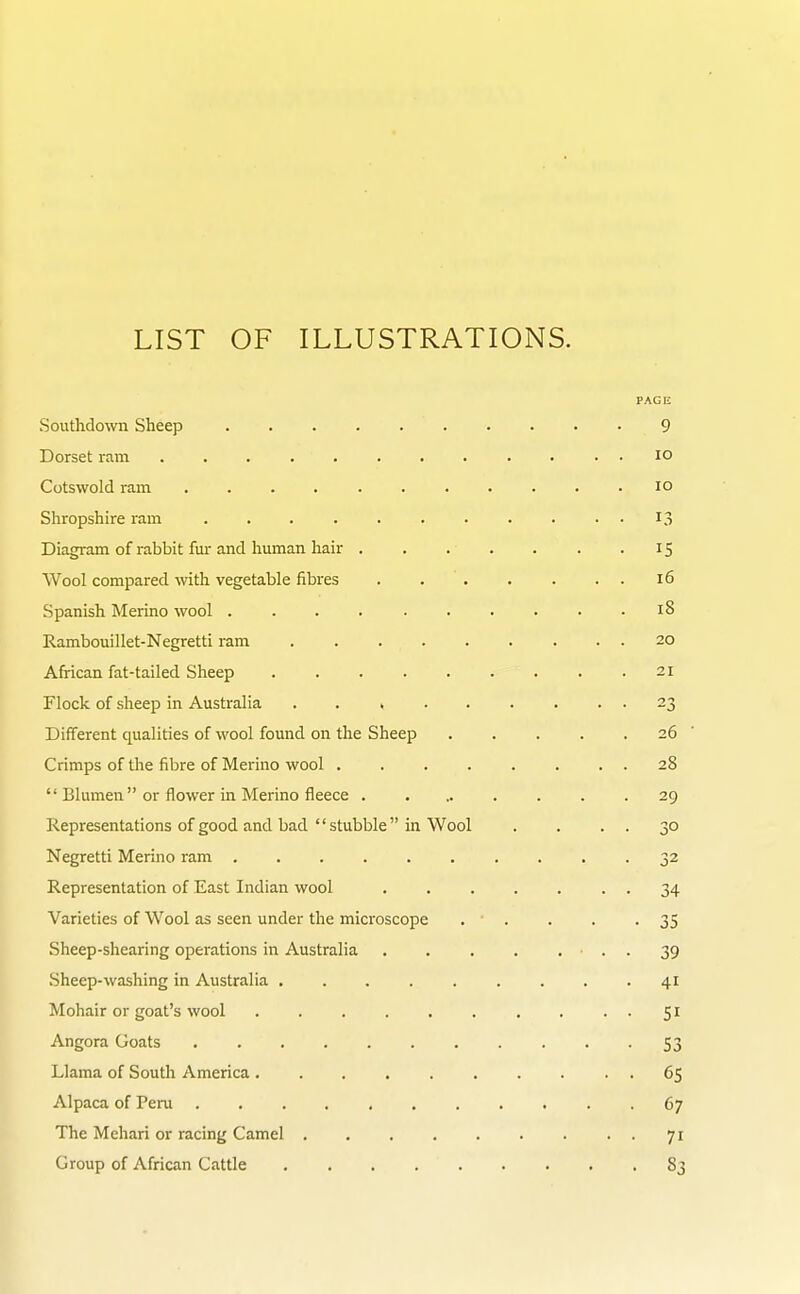 PAGE Southdown Sheep 9 Dorset ram . . . lo Cotswold ram ........... lo Shropshire ram . . • • I3 Diagram of rabbit fur and human hair . . . . . . - IS Wool compared with vegetable fibres . i6 Spanish Merino wool i8 Rambouillet-Negretti ram 20 African fat-tailed Sheep . . . . . . . . .21 Flock of sheep in Australia 23 Different qualities of wool found on the Sheep 26 ' Crimps of the fibre of Merino wool . . . . . . . . 28  Blumen  or flower in Merino fleece ........ 29 Representations of good and bad  stubble in Wool . . . . 30 Negretti Merino ram 32 Representation of East Indian wool . . . . . . . 34 Varieties of Wool as seen under the microscope . . . . -35 Sheep-shearing operations in Australia ■ • • 39 Sheep-washing in Australia 41 Mohair or goat's wool 51 Angora Goats S3 Llama of South America .......... 65 Alpaca of Peru 67 The Mehari or racing Camel . 71 Group of African Cattle 83