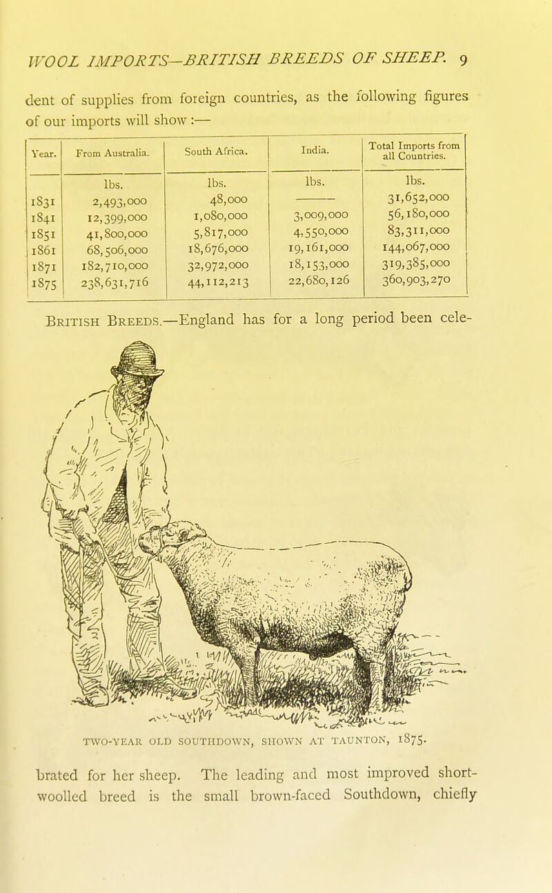 dent of supplies from foreign countries, as the following figures of our imports will show :— Year. From Australia. South Africa. India. Total Imports from all Countries. lbs. lbs. lbs. lbs. 1831 2,493,000 48,000 31,652,000 1841 12,399,000 1,080,000 3,009,000 56,1 So, 000 1S51 41,800,000 5,817,000 4,550,000 83,311,000 1861 68,506,000 18,676,000 19,161,000 144,067,000 1871 182,710,000 32,972,000 18,153,000 319,385,000 187s 238,631,716 44,112,213 22,680,126 360,903,270 British Breeds.—England has for a long period been cele- TWO-YEAR OLD SOUTHDOWN, SHOWN AT TAUNTON, 1875. brated for her sheep. The leading and most improved short- wooUed breed is the small brown-faced Southdown, chiefly
