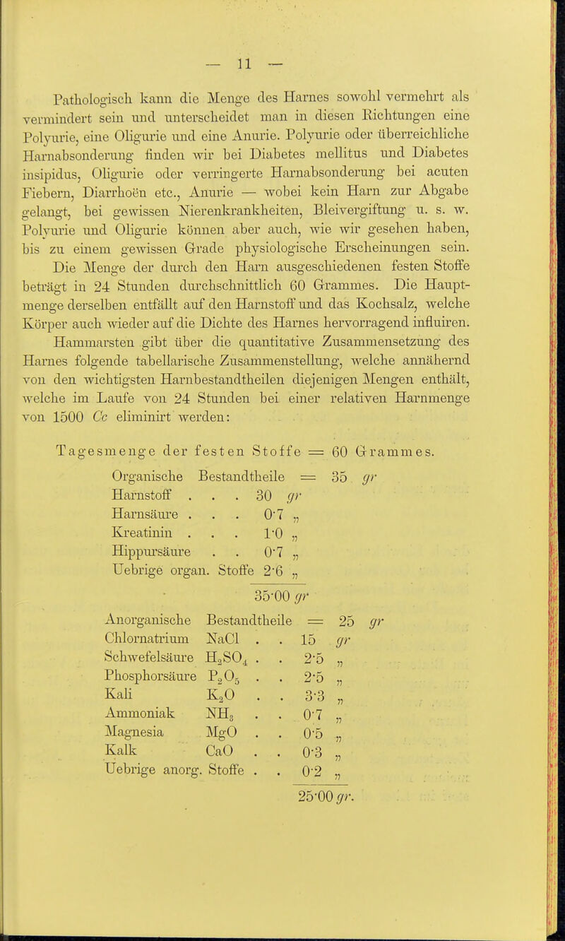 Pathologisch kann die Menge des Harnes sowohl vermehrt als vermindert sein und unterscheidet man in diesen Richtungen eine Polyurie, eine Oligurie und eine Anurie. Polyurie oder überreichliche Harnabsonderung finden wir bei Diabetes mellitus und Diabetes insipidus, OHgurie oder verringerte Harnabsonderung bei acuten Fiebern, Diarrhoen etc., Anurie — wobei kein Harn zur Abgabe gelangt, bei gewissen Nierenkrankheiten, Bleivergiftung u. s. w. Polvurie und Oligurie können aber auch, wie wir gesehen haben, bis zu einem gewissen Grade physiologische Erscheinungen sein. Die Menge der durch den Harn ausgeschiedenen festen Stoffe beträgt in 24 Stunden durchschnittlich 60 Grammes. Die Haupt- menge derselben entfällt auf den Harnstoff und das Kochsalz, welche Körper auch wieder auf die Dichte des Harnes hervorragend influiren. Hammarsten gibt über die quantitative Zusammensetzung des Harnes folgende tabellarische Zusammenstellung, welche annähernd von den wichtigsten Harnbestandtheilen diejenigen Mengen enthält, welche im Laufe von 24 Stunden bei einer relativen Harnmenge von 1500 Cc eliminü-t werden: Tagesmenge der festen Stoffe = 60 Grammes. Organische Bestandtheile = 35 (/>' Harnstoff . . . 30 Harnsäure . . . 07 „ Kreatinin . . . 10 „ Hippm-säure . . 0*7 „ Uebrige organ. Stoffe 26 „ 35-00 cjr Anorganische Bestandtheile - 25 gr Chlornatrium NaCl . . 15 gr Schwefelsäure H2SO4 . 2-5 „ Phosphorsäure P2O5 . . 2-5 „ Kali K2O . . 3-3 „ Ammoniak NH3 . . 0-7 „ Magnesia MgO . . 0-5 „ Kalk CaO . . 0-3 „ Uebrige anorg. Stoffe . 0-2 „ 25-00 gr.