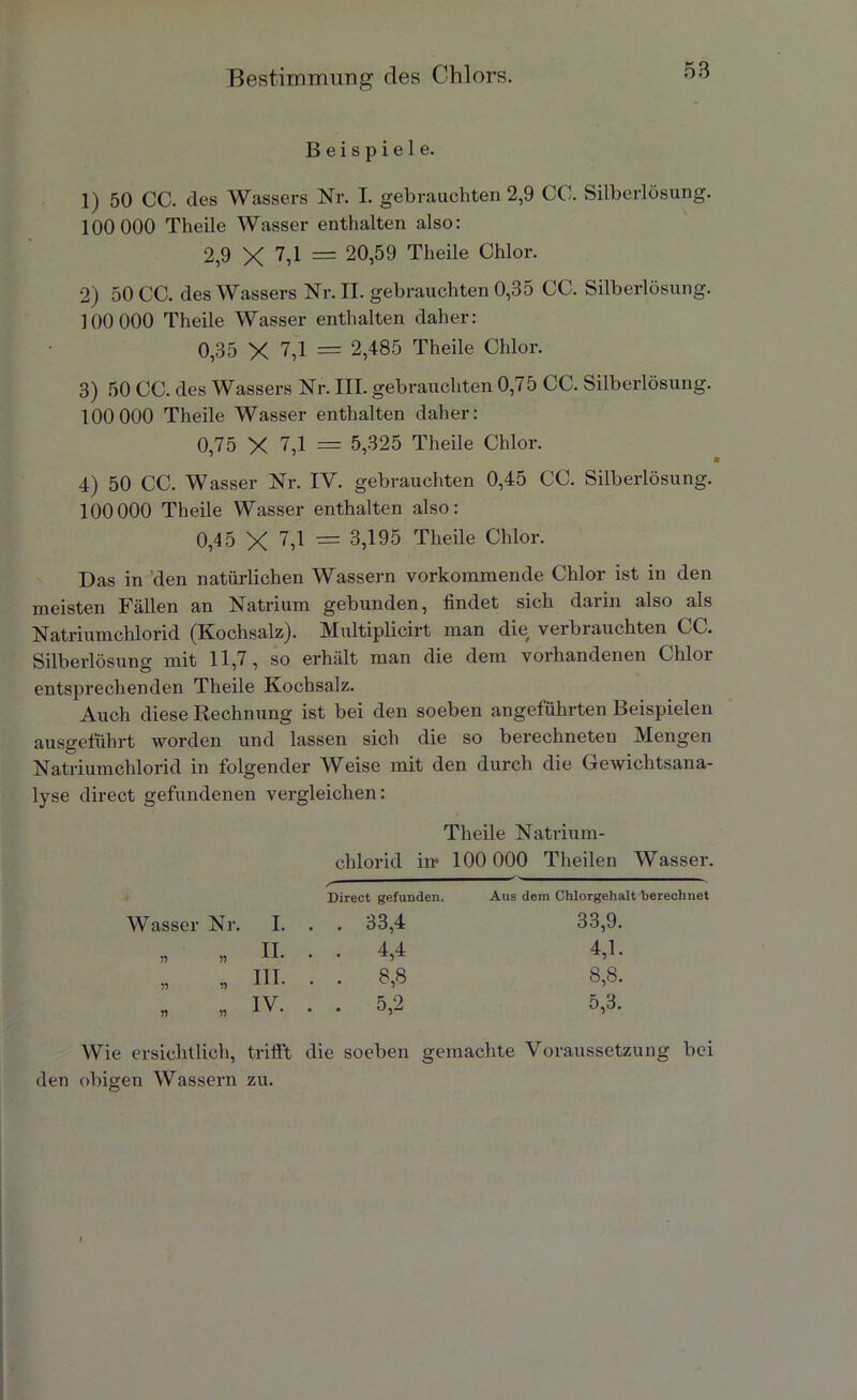 Beispiele. 1) 50 CC. des Wassers Nr. I. gebrauchten 2,9 CC. Silberlösung. 100 000 Theile Wasser enthalten also: 2,9 X 7d = 20,59 Theile Chlor. 2) 50 CC. des Wassers Nr. II. gebrauchten 0,35 CC. Silberlösung. 100 000 Theile Wasser enthalten daher: 0,35 X 7,1 = 2,485 Theile Chlor. 3) 50 CC. des Wassers Nr. III. gebrauchten 0,75 CC. Silberlösung. 100 000 Theile Wasser enthalten daher: 0,75 X 7,1 = 5,325 Theile Chlor. 4) 50 CC. Wasser Nr. IY. gebrauchten 0,45 CC. Silberlösung. 100000 Theile Wasser enthalten also: 0,45 X 7,1 = 3,195 Theile Chlor. Das in den natürlichen Wassern vorkommende Chlor ist in den meisten Fällen an Natrium gebunden, findet sich darin also als Natriumchlorid (Kochsalz). Multiplicirt man die verbrauchten CC. Silberlösung mit 11,7, so erhält man die dem vorhandenen Chloi entsprechenden Theile Kochsalz. Auch diese Rechnung ist bei den soeben angeführten Beispielen ausgefuhrt worden und lassen sich die so berechneten Mengen Natriumchlorid in folgender Weise mit den durch die Gewichtsana- lyse direct gefundenen vergleichen: Theile Natrium- chlorid in* 100 000 Theilen Wasser. Direct gefunden. Aus dem Chlorgehalt berechnet Wasser Nr. I. . . 33,4 33,9. ii. . . 4,4 4,1. in. . . 8,8 8,8. r> » IV. . . 5,2 5,3. Wie ersichtlich, trifft die soeben gemachte Voraussetzung bei den obigen Wassern zu.