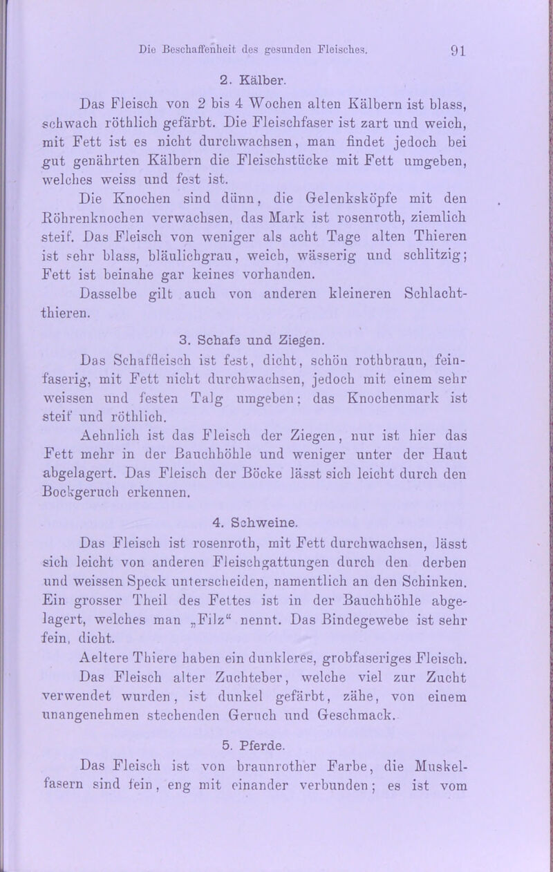 2. Kälber. Das Fleisch von 2 bis 4 Wochen alten Kälbern ist blass, schwach röthlich gefärbt. Die Fleischfaser ist zart und weich, mit Fett ist es nicht durchwachsen, man findet jedoch bei gut genährten Kälbern die Fleischstücke mit Fett umgeben, welches weiss und fest ist. Die Knochen sind dünn, die Gelenksköpfe mit den Köhrenknochen verwachsen, das Mark ist rosenroth, ziemlich steif. Das Fleisch von weniger als acht Tage alten Thieren ist sehr blass, bläulichgrau, weich, wässerig und schlitzig; Fett ist beinahe gar keines vorhanden. Dasselbe gilt auch von anderen kleineren Schlacht- tkieren. 3. Schafe und Ziegen. Das Schaffleisch ist fest, dicht, schön rothbraun, fein- faserig, mit Fett nicht durchwachsen, jedoch mit einem sehr weissen und festen Talg umgeben; das Knochenmark ist steif und röthlich. Aehnlich ist das Fleisch der Ziegen , nur ist hier das Fett mehr in der Bauchhöhle und weniger unter der Haut abgelagert. Das Fleisch der Böcke lässt sich leicht durch den Bockgeruch erkennen. 4. Schweine. Das Fleisch ist rosenroth, mit Fett durchwachsen, lässt sich leicht von anderen Fleischgattungen durch den derben und weissen Speck unterscheiden, namentlich an den Schinken. Ein grosser Theil des Fettes ist in der Bauchhöhle abge- lagert, welches man „Filz“ nennt. Das Bindegewebe ist sehr fein, dicht. Aeltere Thiere haben ein dunkleres, grobfaseriges Fleisch. Das Fleisch alter Zuchteber, welche viel zur Zucht verwendet wurden, ist dunkel gefärbt, zähe, von einem unangenehmen stechenden Geruch und Geschmack. 5. Pferde. Das Fleisch ist von braunrother Farbe, die Muskel- fasern sind fein, eng mit einander verbunden; es ist vom