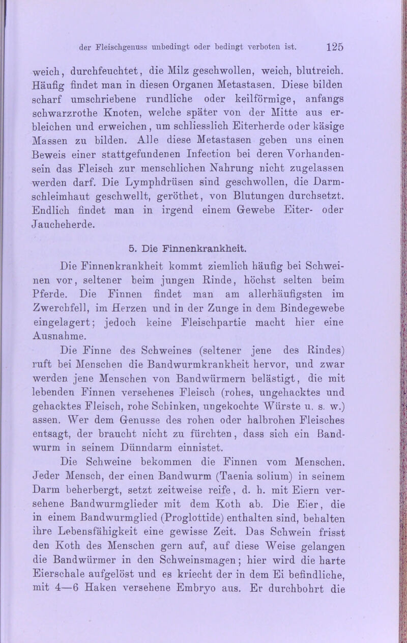 weich, durchfeuchtet, die Milz geschwollen, weich, blutreich. Häufig findet man in diesen Organen Metastasen. Diese bilden scharf umschriebene rundliche oder keilförmige, anfangs schwarzrothe Knoten, welche später von der Mitte aus er- bleichen und erweichen, um schliesslich Eiterherde oder käsige Massen zu bilden. Alle diese Metastasen geben uns einen Beweis einer stattgefundenen Infection bei deren Vorhanden- sein das Fleisch zur menschlichen Nahrung nicht zugelassen werden darf. Die Lymphdrüsen sind geschwollen, die Darm- schleimhaut geschwellt, geröthet, von Blutungen durchsetzt. Endlich findet man in irgend einem Gewebe Eiter- oder Jaucheherde. 5. Die Finnenkrankheit. Die Firmenkrankheit kommt ziemlich häufig bei Schwei- nen vor, seltener beim jungen Rinde, höchst selten beim Pferde. Die Finnen findet man am allerhäufigsten im Zwerchfell, im Herzen und in der Zunge in dem Bindegewebe eingelagert; jedoch keine Fleischpartie macht hier eine Ausnahme. Die Finne des Schweines (seltener jene des Rindes) ruft bei Menschen die Bandwurmkrankheit hervor, und zwar werden jene Menschen von Bandwürmern belästigt, die mit lebenden Finnen versehenes Fleisch (rohes, ungehacktes und gehacktes Fleisch, rohe Schinken, ungekochte Würste u. s. w.) assen. Wer dem Genüsse des rohen oder halbrohen Fleisches entsagt, der braucht nicht zu fürchten, dass sich ein Band- wurm in seinem Dünndarm einnistet. Die Schweine bekommen die Finnen vom Menschen. Jeder Mensch, der einen Bandwurm (Taenia solium) in seinem Darm beherbergt, setzt zeitweise reife, d. h. mit Eiern ver- sehene Bandwurmglieder mit dem Koth ab. Die Eier, die in einem Bandwurmglied (Proglottide) enthalten sind, behalten ihre Lebensfähigkeit eine gewisse Zeit. Das Schwein frisst den Koth des Menschen gern auf, auf diese Weise gelangen die Bandwürmer in den Schweinsmagen; hier wird die harte Eierschale aufgelöst und es kriecht der in dem Ei befindliche, mit 4—6 Haken versehene Embryo aus. Er durchbohrt die