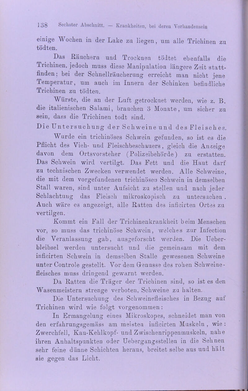 einige Wochen in der Lake zu liegen, um alle Trichinen zu tödten. Las Räuchern und Trocknen tüdtet ebenfalls die Trichinen, jedoch muss diese Manipulation längere Zeit statt- finden,- bei der Schnellräucherung erreicht man nicht jene Temperatur, um auch im Innern der Schinken befindliche Trichinen zu tödten. Würste, die an der Luft getrocknet werden, wie z. B. die italienischen Salami, brauchen 3 Monate, um sicher zu sein, dass die Trichinen todt sind. Die Untersuchung der Schweine und des Fleisches. Wurde ein trichinöses Schwein gefunden, so ist es die Pflicht des Vieh- und Fleischbeschauers, gleich die Anzeige davon dem Ortsvorsteher (Polizeibehörde) zu erstatten. Das Schwein wird vertilgt. Das Fett und die Haut darf zu technischen Zwecken verwendet werden. Alle Schweine, die mit dem Vorgefundenen trichinösen Schwein in demselben Stall waren, sind unter Aufsicht zu stellen und nach jeder Schlachtung das Fleisch mikroskopisch zu untersuchen . Auch wäre es angezeigt, alle Ratten des inficirten Ortes zu vertilgen. Kommt ein Fall der Trichinenkrankheit beim Menschen vor, so muss das trichinöse Schwein, welches zur Infection die Veranlassung gab, ausgeforscht werden. Die Ueber- bleibsel werden untersucht und die gemeinsam mit dem inficirten Schwein in demselben Stalle gewesenen Schweine unter Controle gestellt. Vor dem Genüsse des rohen Schweine- fleisches muss dringend gewarnt werden. Da Ratten die Träger der Trichinen sind, so ist es den Wasenmeistern strenge verboten, Schweine zu halten. Die Untersuchung des Schweinefleisches in Bezug auf Trichinen wird wie folgt vorgenommen: In Ermangelung eines Mikroskopes, schneidet man von den erfahrungsgemäss am meisten inficirten Muskeln , wie : Zwerchfell, Kau-Kehlkopf- und Zwischenrippenmuskeln, nahe ihren Anhaltspunkten oder Uebergangsstellen in die Sehnen sehr feine dünne Schichten heraus, breitet selbe aus und hält sie gegen das Licht.