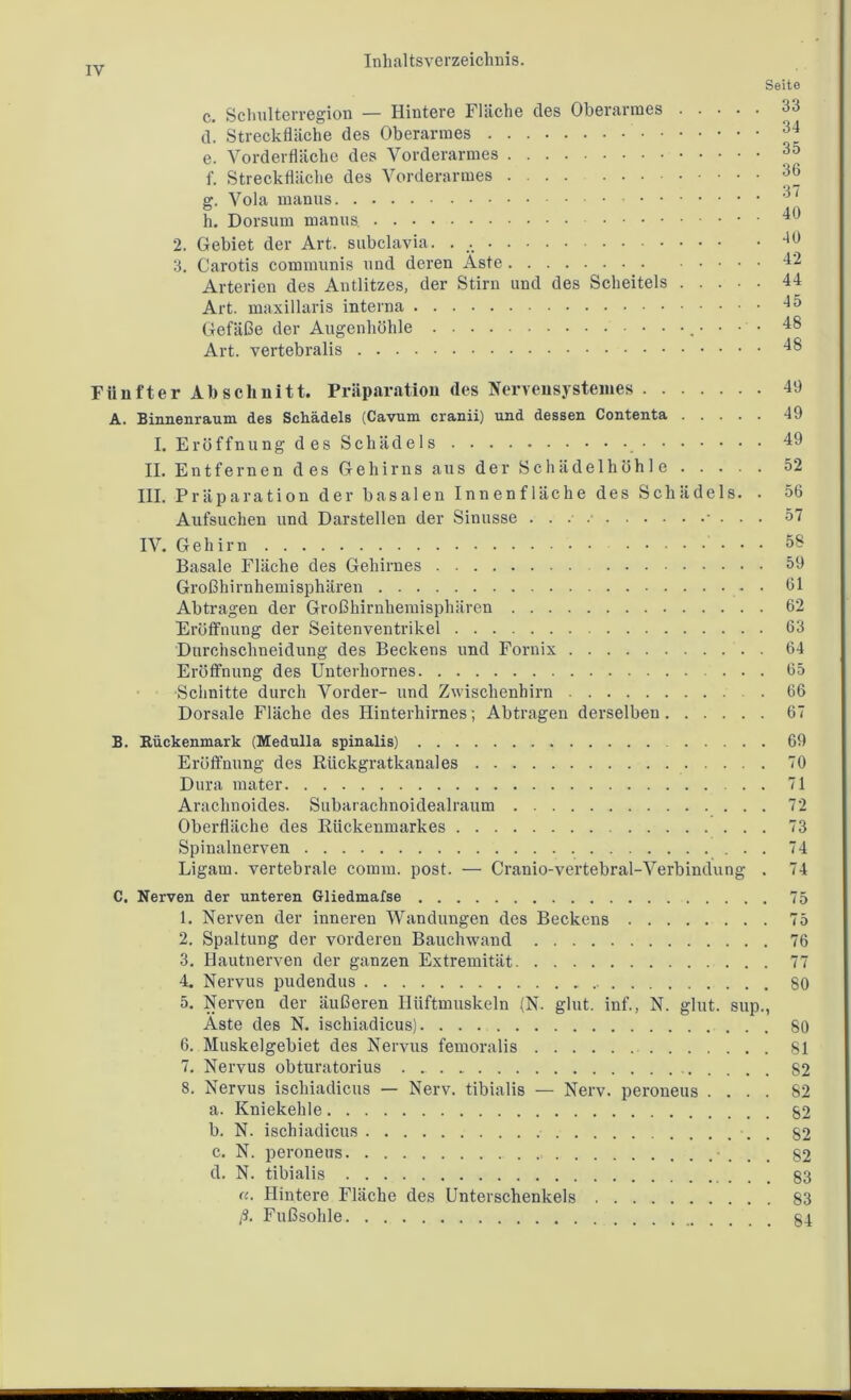 Seite c. Schulterregion — Hintere Fläche des Oberarmes 33 d. Streckfläche des Oberarmes e. Vorderfläche des Vorderarmes f. Streckfläche des Vorderarmes 3(> g. Vola manus 3' h. Dorsum manus 2. Gebiet der Art. subclavia. 40 3. Carotis communis und deren Äste 42 Arterien des Antlitzes, der Stirn und des Scheitels 44 Art. maxillaris interna 4o Gefäße der Augenhöhle .•••'• 48 Art. vertebralis 48 Fünfter Abschnitt. Präparation des Nervensystemes 49 A. Binnenraum des Schädels (Cavum cranii) und dessen Contenta 49 I. Eröffnung des Schädels 49 II. Entfernen des Gehirns aus der Schädelhöhle 52 III. Präparation der basalen Innenfläche des Schädels. . 56 Aufsuchen und Darstellen der Sinusse ...•■■ ■ . . . 57 IV. Gehirn 58 Basale Fläche des Gehirnes 59 Großhirnhemisphären - • 61 Abtragen der Großhirnhemisphären 62 Eröffnung der Seitenventrikel 63 Durchschneidung des Beckens und Fornix 64 Eröffnung des Unterhornes 65 Schnitte durch Vorder- und Zwischenhirn 66 Dorsale Fläche des Hinterhirnes; Abtragen derselben 67 B. Rückenmark (Medulla spinalis) 69 Eröffnung des Rückgratkanal es 70 Dura mater 71 Araclmoides. Subarachnoidealraum 72 Oberfläche des Rückenmarkes 73 Spinalnerven 74 Ligam. vertebrale comm. post. — Cranio-vertebral-Verbindung . 74 C. Nerven der unteren Gliedmafse 75 1. Nerven der inneren Wandungen des Beckens 75 2. Spaltung der vorderen Bauchwand 76 3. Hautnerven der ganzen Extremität 77 4. Nervus pudendus 80 5. Nerven der äußeren Hüftmuskeln (N. glut. inf., N. glut. sup., Äste des N. ischiadicus) 80 6. Muskelgebiet des Nervus femoralis 81 7. Nervus obturatorius . 82 8. Nervus ischiadicus — Nerv, tibialis — Nerv, peroneus .... 82 a. Kniekehle 82 b. N. ischiadicus . 82 c. N. peroneus 82 d. N. tibialis 83 a. Hintere Fläche des Unterschenkels 83 ß. Fußsohle 84