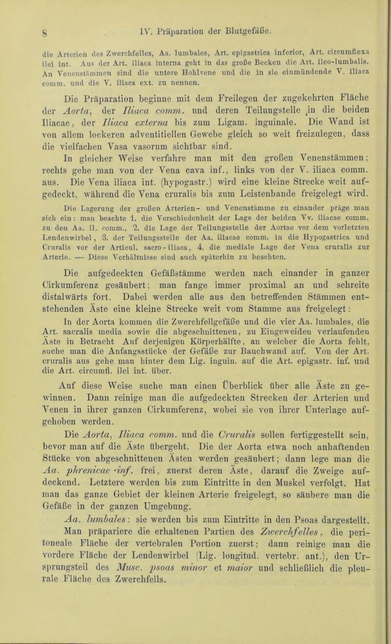 die Arterien des Zwerchfelles, Aa. lumbales, Art. epigastrica inferior, Art. circumßexa ilei int. Aus der Art. iliaca interna geht in das große Becken die Art. ileo-lumbalis. An Venenstämmen sind die untere Hohlvene und die in sie einmündende V. iliaca comm. und die V. iliaca ext. zu nennen. Die Präparation beginne mit dem Freilegen der zugekehrten Fläche der Aorta, der Iliaca comm. und deren Teilungstelle kin die beiden Iliacae, der Iliaca externa bis zum Ligam. inguinale. Die Wand ist von allem lockeren adventitiellen Gewebe gleich so weit freizulegen, dass die vielfachen Vasa vasorum sichtbar sind. In gleicher Weise verfahre man mit den großen Venenstämmen; rechts gehe man von der Vena cava inf., links von der V. iliaca comm. aus. Die Vena iliaca int. (hypogastr.) wird eine kleine Strecke weit auf- gedeckt, während die Vena cruralis bis zum Leistenbande freigelegt wird. Die Lagerung der großen Arterien- und Venenstämme zu einander präge man sich ein: man beachte 1. die Verschiedenheit der Lage der beiden Vv. iliacae comm. zu den Aa. il. comm., 2. die Lage der Teilungsstelle der Aortae vor dem vorletzten Lendenwirbel, 3. der Teilungsstelle der Aa. iliacae comm. in die Hypogastrica und Cruralis vor der Articul. sacro-iliaca, 4. die mediale Lage der Vena cruralis zur Arterie. — Diese Verhältnisse sind auch späterhin zu beachten. Die aufgedeckten Gefäßstämme werden nach einander in ganzer Cirkumferenz gesäubert; mau fange immer proximal an und schreite distalwärts fort. Dabei werden alle aus den betreffenden Stämmen ent- stehenden Äste eine kleine Strecke weit vom Stamme aus freigelegt: In der Aorta kommen die Zwerchfellgefäße und die vier Aa. lumbales, die Art. sacralis media sowie die abgeschnittenen, zu Eingeweiden verlaufenden Äste in Betracht Auf derjenigen Körperhälfte, an welcher die Aorta fehlt, suche man die Anfangsstücke der Gefäße zur Bauch wand auf. Von der Art. cruralis aus gehe man hinter dem Lig. inguin. auf die Art. epigastr. inf. und die Art. circumfl. ilei int. über. Auf diese Weise suche man einen Überblick über alle Äste zu ge- winnen. Dann reinige man die aufgedeckten Strecken der Arterien und Venen in ihrer ganzen Cirkumferenz, wobei sie von ihrer Unterlage auf- gehoben werden. Die Aorta, Iliaca comm. und die Cruralis sollen fertiggestellt sein, bevor man auf die Äste übergeht. Die der Aorta etwa noch anhaftenden Stücke von abgeschnittenen Ästen werden gesäubert; dann lege man die Aa. phrenicae 'inf. frei, zuerst deren Äste, darauf die Zweige auf- deckend. Letztere werden bis zum Eintritte in den Muskel verfolgt. Hat man das ganze Gebiet der kleinen Arterie freigelegt, so säubere man die Gefäße in der ganzen Umgebung. Aa. lumbales: sie werden bis zum Eintritte in den Psoas dargestellt. Man präpariere die erhaltenen Partien des Zwerchfelles, die peri- toneale Fläche der vertebralen Portion zuerst; dann reinige man die vordere Fläche der Lendenwirbel (Lig. longitud. vertebr. ant.), den Ur- sprungsteil des Muse. 2>soas minor et maior und schließlich die pleu- rale Fläche des Zwerchfells.