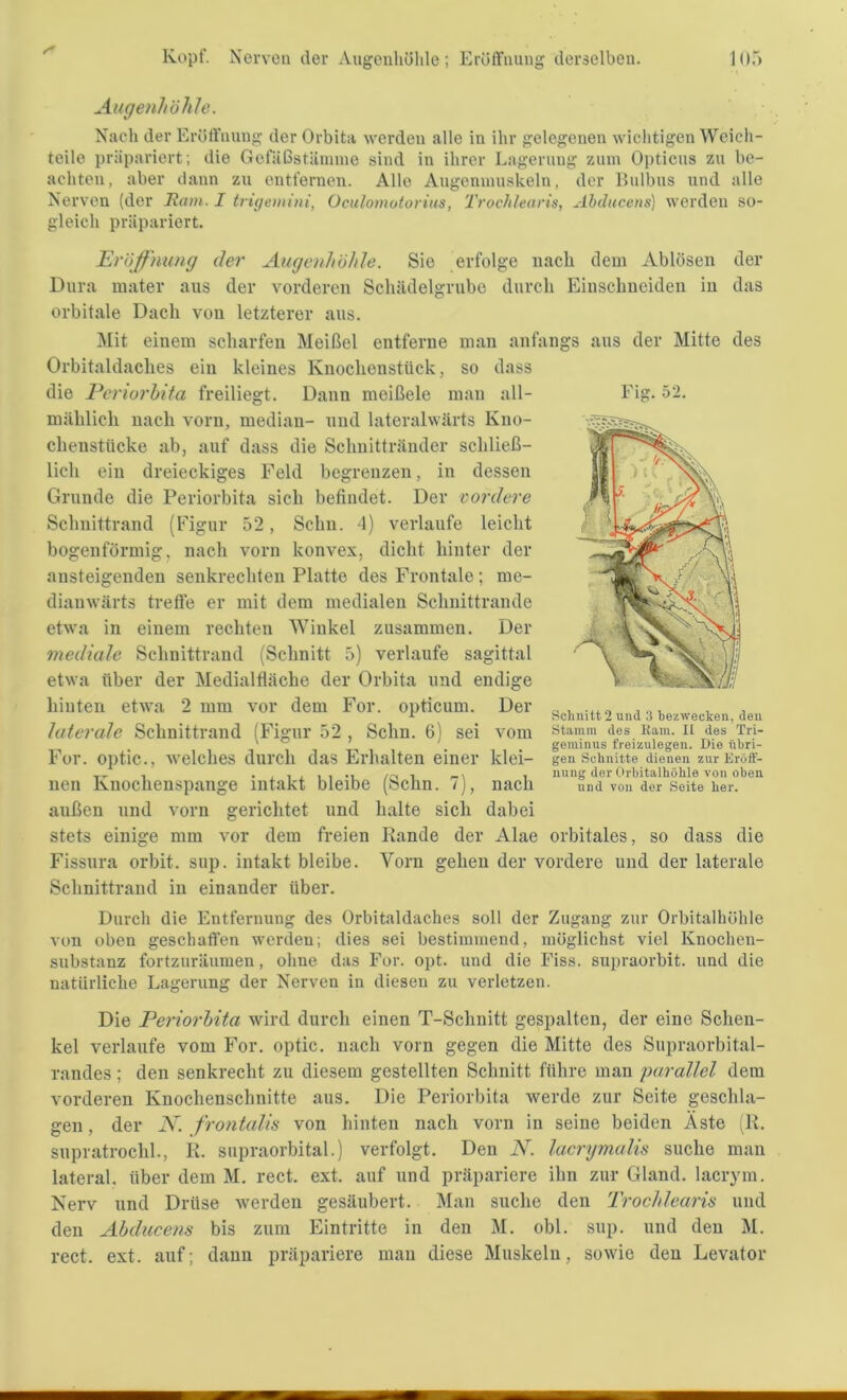Augenhöhle. Nach der Eröffnung der Orbita werden alle in ihr gelegenen wichtigen Weich- teile präpariert; die Gefäßstämme sind in ihrer Lagerung zum Opticus zu be- achten, aber dann zu entfernen. Alle Augenmuskeln, der Bulbus und alle Nerven (der Ham. I trigemini, Oculomotorius, Trochlearis, Abducens) werden so- gleich präpariert. Eröffnung der Augenhöhle. Sie erfolge nach dem Ablösen der Dura mater aus der vorderen Schädelgrube durch Einschneiden in das orbitale Dach von letzterer aus. Fig. 52. Mit einem scharfen Meißel entferne man anfangs aus der Mitte des Orbitaldaches ein kleines Knochenstück, so dass die Periorbita freiliegt. Dann meißele man all- mählich nach vorn, median- und lateralwärts Kno- chenstücke ab, auf dass die Schnittränder schließ- lich ein dreieckiges Feld begrenzen, in dessen Grunde die Periorbita sich befindet. Der vordere Schnittrand (Figur 52, Schn. 4) verlaufe leicht bogenförmig, nach vorn konvex, dicht hinter der ansteigenden senkrechten Platte des Frontale; rne- diauwärts treffe er mit dem medialen Sclinittrande etwa in einem rechten Winkel zusammen. Der mediale Schnittrand (Schnitt 5) verlaufe sagittal etwa über der Medialfläche der Orbita und endige hinten etwa 2 mm vor dem For. opticum. Der laterale Schnittrand (Figur 52 , Schn. 6) sei vom For. optic., welches durch das Erhalten einer klei- nen Knochenspange intakt bleibe (Schn. 7), nach außen und vorn gerichtet und halte sicli dabei stets einige mm vor dem freien Rande der Alae orbitales, so dass die Fissura orbit. sup. intakt bleibe. Vorn gehen der vordere und der laterale Schnittrand in einander über. Schnitt 2 und 3 bezwecken, den Stamm des Kam. II des Tri- geminus freizulegen. Die übri- gen Schnitte dienen zur Kröff- nung der Orbitalhöhle von oben und von der Seite her. Durch die Entfernung des Orbitaldaches soll der Zugang zur Orbitalhöhle von oben geschaffen werden; dies sei bestimmend, möglichst viel Knochen- substanz fortzuräumen, ohne das For. opt. und die Fiss. stipraorbit. und die natürliche Lagerung der Nerven in diesen zu verletzen. Die Periorbita wird durch einen T-Schnitt gespalten, der eine Schen- kel verlaufe vom For. optic. nach vorn gegen die Mitte des Supraorbital- randes ; den senkrecht zu diesem gestellten Schnitt führe man parallel dem vorderen Knochenschnitte aus. Die Periorbita werde zur Seite geschla- gen , der N. frontalis von hinten nach vorn in seine beiden Äste (R. supratrochl., R. supraorbital.) verfolgt. Den N. lacrymalis suche man lateral, über dem M. rect. ext. auf und präpariere ihn zur Gland. lacrym. Nerv und Drüse werden gesäubert. Man suche den Trochlearis und den Abducens bis zum Eintritte in den M. obl. sup. und den M. rect. ext. auf; dann präpariere man diese Muskeln, sowie den Levator
