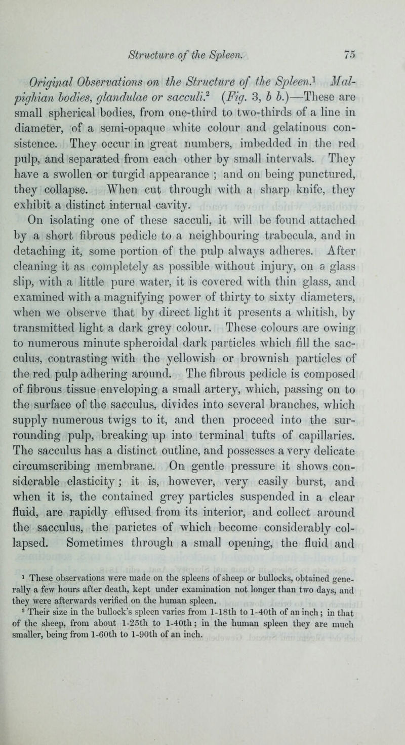 Original Observations on the Structure of the Spleend Mal- pighian bodies, glandulae or sacculi.1 2 (Fig. 3, b b.)—These are small spherical bodies, from one-third to two-thirds of a line in diameter, of a semi-opaque white colour and gelatinous con- sistence. They occur in great numbers, imbedded in the red pulp, and separated from each other by small intervals. They have a swollen or turgid appearance ; and on being punctured, they collapse. When cut through with a sharp knife, they exhibit a distinct internal cavity. On isolating one of these sacculi, it will be found attached by a short fibrous pedicle to a neighbouring trabecula, and in detaching it, some portion of the pulp always adheres. After cleaning it as completely as possible without injury, on a glass slip, with a little pure water, it is covered with thin glass, and examined with a magnifying power of thirty to sixty diameters, when we observe that by direct light it presents a whitish, by transmitted light a dark grey colour. These colours are owing to numerous minute spheroidal dark particles which fill the sac- culus, contrasting with the yellowish or brownish particles of the red pulp adhering around. The fibrous pedicle is composed of fibrous tissue enveloping a small artery, which, passing on to the surface of the sacculus, divides into several branches, which supply numerous twigs to it, and then proceed into the sur- rounding pulp, breaking up into terminal tufts of capillaries. The sacculus has a distinct outline, and possesses a very delicate circumscribing membrane. On gentle pressure it shows con- siderable elasticity; it is, however, very easily burst, and when it is, the contained grey particles suspended in a clear fluid, are rapidly effused from its interior, and collect around the sacculus, the parietes of which become considerably col- lapsed. Sometimes through a small opening, the fluid and 1 These observations were made on the spleens of sheep or bullocks, obtained gene- rally a few hours after death, kept under examination not longer than two days, and they were afterwards verified on the human spleen. 2 Their size in the bullock’s spleen varies from l-18th to l-40th of an inch; in that of the sheep, from about l-25th to l-40th; in the human spleen they are much smaller, being from l-60th to l-90th of an inch.