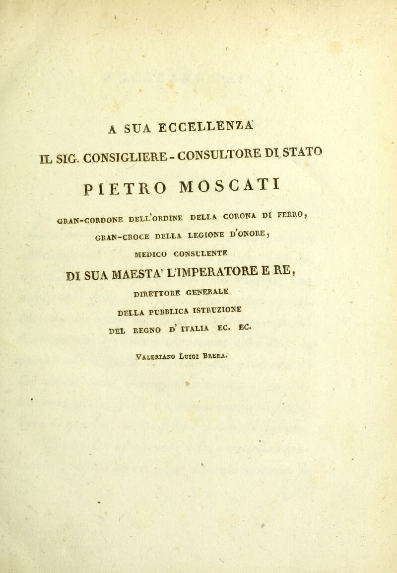 A SUA ECCELLENZA IL SIC. CONSIGLIERE - CONSULTORE DI STATO PIETRO MOSCATI <JBAN DI CORDONE dell’ordine DELLA CORONA DI FERRO, gran-croce DELLA LEGIONE D ONORE, MEDICO CONSULENTE SUA MAESTÀ’ L’IMPERATORE E RE, direttore generale DELLA PUBBLICA ISTRUZIONE DEL REGNO d’ ITALIA EC. EC. Valeriano Luigi Brera;