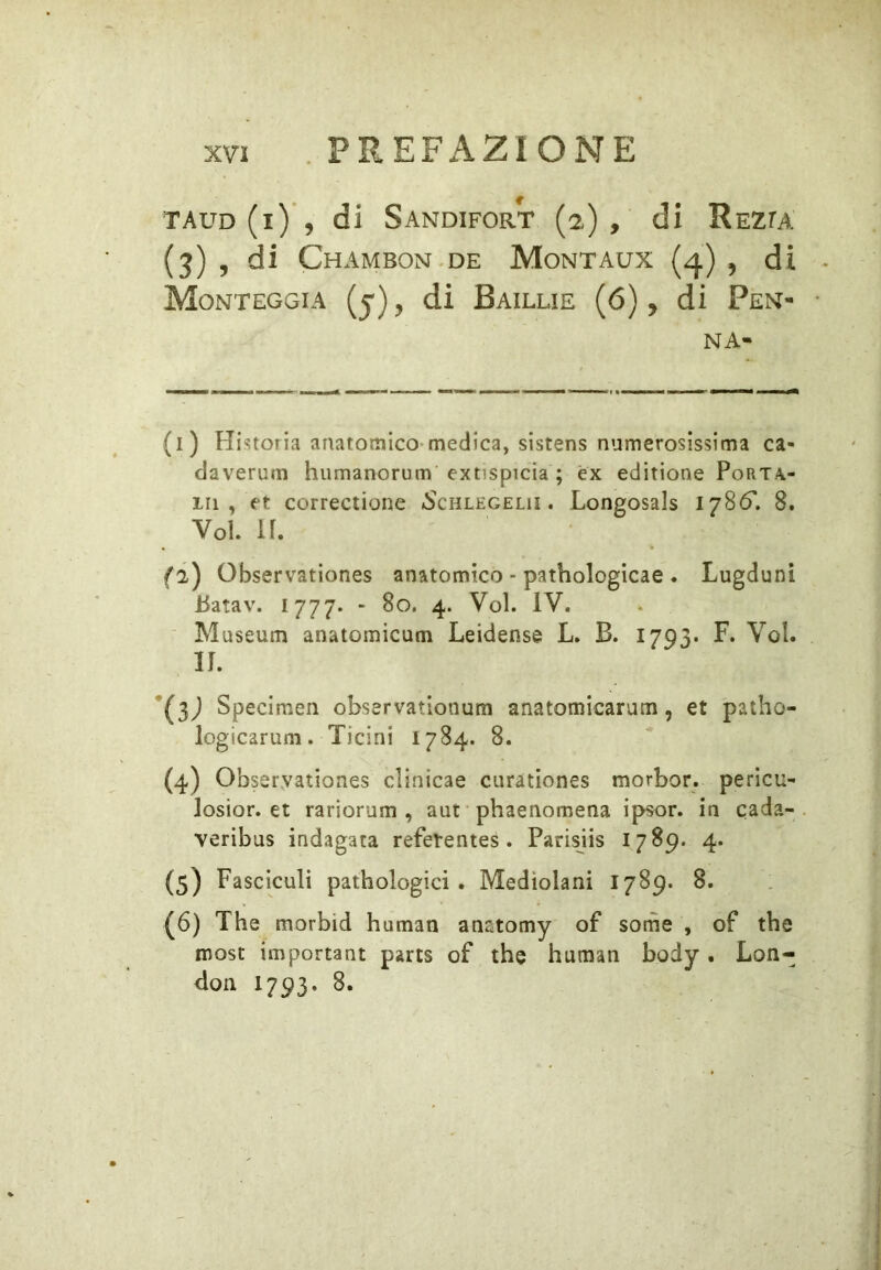 taud(i)‘, di Sandifort (2), di REZrA (3) , di Chambon.de Montaux (4) , di Monteggia (j), di Baillie (6), di Pen- na- (l) Historia anatomico-medica, sistens numerosissima ca- daverum humanorum’extispicia ; ex editione Port/\- 111, et correctione .Schlegeliì . Longosals 1786'. 8. Voi. IL fi) Observationes anatomico - pathologicae . Batav. 1777. - 80. 4. Voi. IV. Museum anatomicum Leidensè L. B. 1793* Lugduni F. Voi. {3) Specimen observatiooum anatomicarum, et patho- logicarum. Ticini 1784. 8. (4) Observationes clinicae curationes morbor. pericu- losior. et rarìorum , aut phaenomena ipsor. in cada- veribus indagata refeventes. Parisiis 1789. 4. (5) Fasciculi pathologici . Medìolani 1789. 8. (6) The morbid human anatomy of sorne , of thè most important parts of thè human body. Lon- don 1793. 8.
