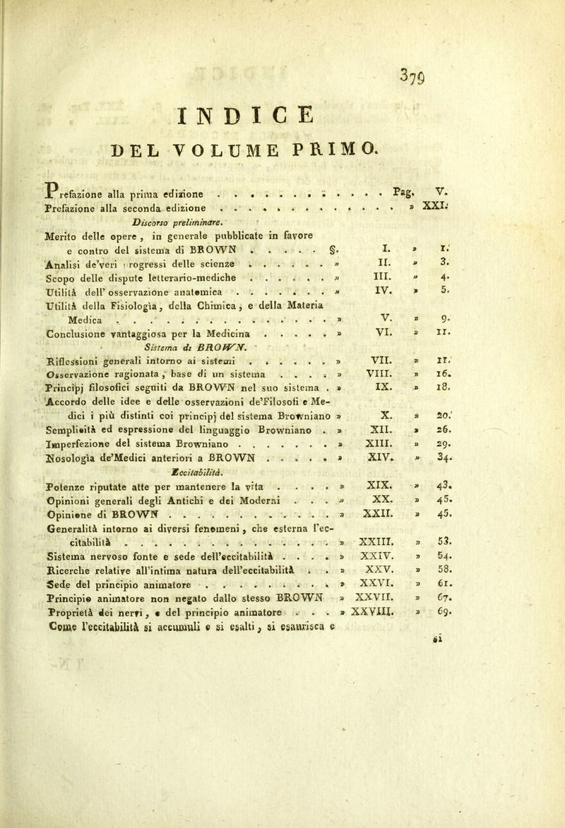 37S INDICE DEL VOLUME PRIMO. Prefazione alla prima edizione Prefazione alla seconda edizione Pag. V. . » XXL' Discorso ■preliminare. Merito delle opere , in generale pubblicate in favore e contro del sistema di BROWN §. Analisi de’veri i regressi delle scienze » Scopo delle dispute letterario-mediche . Utilità dell’ osservazione anatemica  Utilità della Fisiologìa, delia Chimica, e della Materia Medica » Conclusione vantaggiosa per la Medicina . . . . . » Sistema di Riflessioni generali intorno ai sistemi . i . . . . s> Osservazione ragionata., base di un sistema . . . ; » Prìncipj filosofici segniti da BROWN nel suo sistema . s 'Accordo delle idee e delle osservazioni de’Filosoti e Me- dici i più distinti coi principi del sistema Browniano » Semplieità ed espressione del linguaggio Browniano . a Imperfezione del si.stema Browniano » Nosologia de’Medici anteriori a BROWN * Xcciiabiliià. Potenze riputate atte per mantenere la vita . ... b Opinioni generali degli Antichi e dei Moderni . . . » Opinione di BROWN » Generalità intorno ai diversi fenomeni, che esterna l’ec- citabilità B Sistema nervoso fonte e sede dell’eccitabilità Ricerche relative all’intima natura dell’eccitabilità . . » Sedp del principio animatore » Principio animatore non negato dallo stesso BROW^N » Proprietà dei nervi, « del principio animatore ... a Come reccitabilità si accumuli e si esalti ; si esaurisca e I. A I.' II. » 3. III. » 4- IV. 9 5, V. ZI 9- VI. » ir. VII. s ir. vili. s l6. IX. » l8. X. 20.' XII. 9 26. XIII. n 29. XIV. f» 34. XIX. » 43. XX. 7Ì 4 XXII. 9 45. XXIII. 7> 53. XXIV. 7> 54- XXV. 9 58. XXVI. » 61. xxvir. » 67. xxvm. 9 69. SI