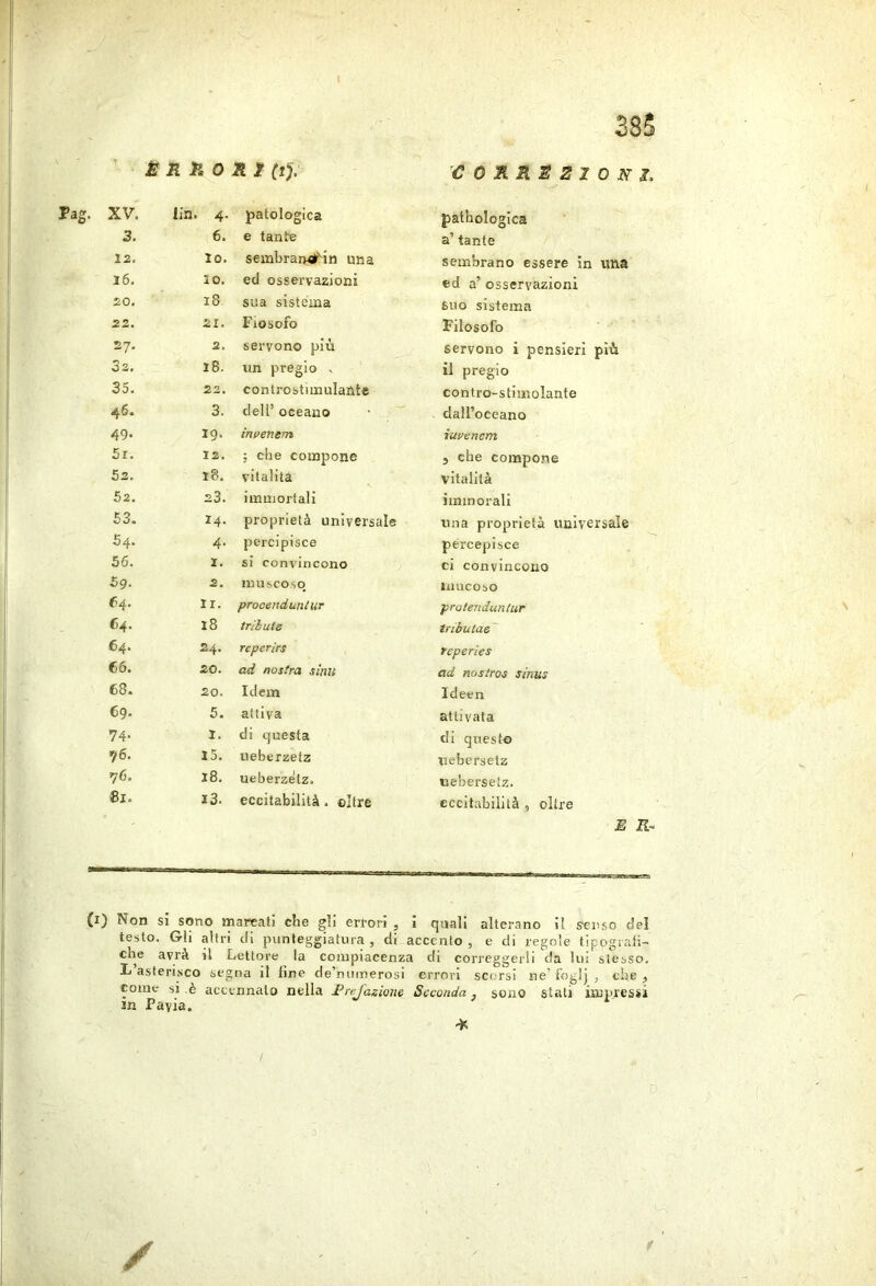 È R k 0 Ri (tj, correzioni. XV. lin. 4. patologica patbologica 3. 6. e tante a’ tante 12. Io. seinbran^lf'in una sembrano essere in ima l6. 10. ed osservazioni ed a’ osservazioni 20. 18 sua sistema suo sistema 22. 21. Fiosofo Filosofo 27. 2. servono più servono i pensieri più 03, 18. un pregio v il pregio 35. 22. conlrostimulante contro-stimolante 46. 3. dell’ oceano dall’oceano 49. 19. ìm>enern iuvenem 5r. 12. ; che compone j che compone 52. 18. vitalità vitalità 52. 23. immortali immorali 53. 14. proprietà universale una proprietà universale 54. 4- percipisce percepisce 56. 1. si convincono ci convincono 59. 2. muscoso mucoso 64- ir. procenduntur protenduntur 64. 18 iribute tributae~ 64. 24. rcperìrs reperies 66. 20. ad nostra sinu ad nosiros sinus 68. 20. Idem Ideen 69. 5. attiva attivata 74- 1. di questa di queste 96. l5. ueberzefz uebersetz 76. 18. ueberzelz. iiebersetz. 81. i3. eccitabilità. oltre eccitabilità , oltre E Il- ei) Non si sono marcati che gli errori , I quali alterano il senso del testo. Gii altri eli punteggiatura , di accento , e di regole tipograti- che avrà il Lettore la compiacenza di correggerli da lui slesso. 3j asteri.sco segna il line de’nmnerosi errori scorsi ne’ foglj , che ^ come si è accennalo nella Prefagione Seconda , sono stali iìnuressi in Pavia. / D