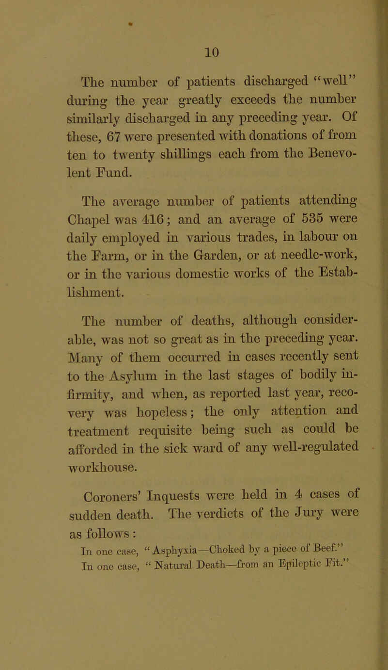 The number of patients discharged “well” during the year greatly exceeds the number similarly discharged in any preceding year. Of these, 67 were presented with donations of from ten to twenty shillings each from the Benevo- lent Fund. The average number of patients attending Chapel was 416; and an average of 535 were daily employed in various trades, in labour on the Farm, or in the Garden, or at needle-work, or in the various domestic works of the Estab- lishment. The number of deaths, although consider- able, was not so great as in the preceding year. Many of them occurred in cases recently sent to the Asylum in the last stages of bodily in- firmity, and when, as reported last year, reco- very was hopeless; the only attention and treatment requisite being such as could be afforded in the sick ward of any well-regulated workhouse. Coroners’ Inquests were held in 4 cases of sudden death. The verdicts of the Jury were as follows : In one case, “ Asphyxia—Choked by a piece of Beef.” In one case, “ Natural Death—from an Epileptic Fit.”