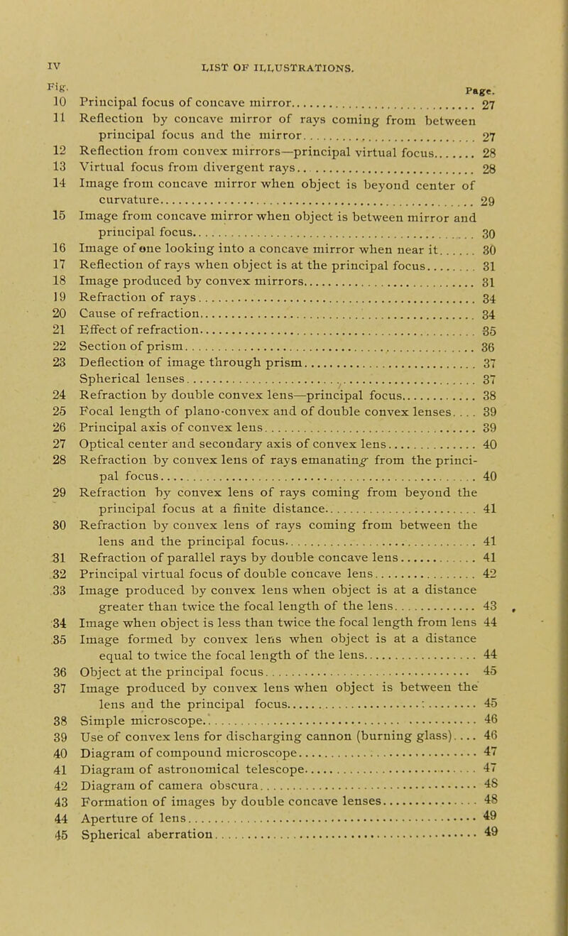 P'S'- , Page. 10 Principal focus of concave mirror 27 11 Reflection by concave mirror of rays coming from between principal focus and the mirror 27 12 Reflection from convex mirrors—principal virtual focus 28 13 Virtual focus from divergent rays.. 28 14 Image from concave mirror when object is beyond center of curvature 29 15 Image from concave mirror when object is between mirror and principal focus 30 16 Image of one looking into a concave mirror when near it 30 17 Reflection of rays when object is at the principal focus 31 18 Image produced by convex mirrors 31 19 Refraction of rays 34 20 Cause of refraction 34 21 Efi'ect of refraction 35 22 Section of prism 36 23 Deflection of image through prism 37 Spherical lenses 37 24 Refraction by double convex lens—principal focus 38 25 Focal length of plano-convex and of double convex lenses. ... 39 26 Principal axis of convex lens 39 27 Optical center and secondary axis of convex lens 40 28 Refraction by convex lens of rays emanating from the princi- pal focus 40 29 Refraction by convex lens of rays coming from beyond the principal focus at a finite distance 41 30 Refraction by convex lens of rays coming from between the lens and the principal focus 41 31 Refraction of parallel rays by double concave lens 41 .32 Principal virtual focus of double concave lens 42 .33 Image produced by convex lens when object is at a distance greater than twice the focal length of the lens 43 34 Image when object is less than twice the focal length from lens 44 .35 Image formed by convex lens when object is at a distance equal to twice the focal length of the lens 44 36 Object at the principal focus 45 37 Image produced by convex lens when object is between the lens and the principal focus : 45 38 Simple microscope.'. 46 39 Use of convex lens for discharging cannon (burning glass) 46 40 Diagram of compound microscope 47 41 Diagram of astronomical telescope 47 42 Diagram of camera obscura 48 43 Formation of images by double concave lenses 48 44 Aperture of lens 49 45 Spherical aberration 49