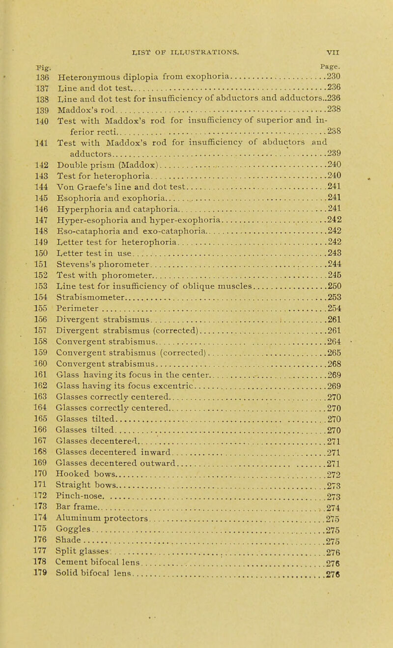 Fig. Page. 136 Heterouymous diplopia froui e.voplioria 230 137 Line and dot test 236 138 Line aud dot test for insufficiency of abductors and adductors..236 139 Maddox's rod 238 140 Test with Maddox's rod for insufficiency of superior and in- ferior recti 238 141 Test with Maddox's rod for insufficiency of abductors and adductors 239 142 Double prism (Maddox) 240 143 Test for heterophoria 240 144 Von Graefe's line and dot test 241 145 Esophoria and exophoria 241 146 Hyperphoria and cataphoria 241 147 Hyper-esophoria and hyper-exophoria 242 148 Eso-cataphoria and exo-cataphoria 242 149 Letter test for heterophoria 242 150 Letter test in use 243 151 Stevens's phorometer 244 152 Test with phorometer 245 153 Line test for insufficiency of oblique muscles 250 154 Strabismometer 253 155 Perimeter 254 156 Divergent strabismus 261 157 Divergent strabismus (corrected) 261 158 Convergent strabismus 264 • 159 Convergent strabismus (corrected) 265 160 Convergent strabismus 268 161 Glass having its focus in the center 269 162 Glass having its focus excentric 269 163 Glasses correctly centered 270 164 Glasses correctly centered 270 165 Glasses tilted 270 166 Glasses tilted 270 167 Glasses decentered 271 168 Glasses decentered inward 271 169 Glasses decentered outward 271 170 Hooked bows 272 171 Straight bows 273 172 Pinch-nose 273 173 Bar frame 274 174 Aluminum protectors 275 175 Goggles 275 176 Shade 275 177 Split glasses 276 178 Cement bifocal lens 276 179 Solid bifocal lens 278