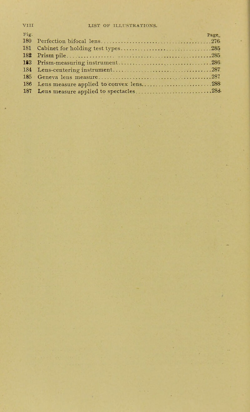 Fig- Page. 180 Perfection bifocal lens .' 276 181 Cabinet for holding test types 28& 182 Prism pile 285 1S3 Prism-measuring instrument. 286 184 Lens-centering instrument 287 185 Geneva lens measure 287 186 Lens measure applied to convex lens 288 187 Lens measure applied to spectacles 28<i-