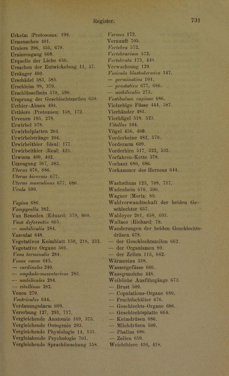 Urkeim (Protosoma) 198. Urmenschen 491. Urniere 206, 455, 670. Urnierengang 668. Urquelle der Liebe 656. Ursachen der Entwickelung 11, 57. Ursäuger 460. Urschiidel 583, 585. Urschleim 98, 379. Urschliisselbein 570, 590. Ursprung der Geschlechtszellen 659. Urthier-Ahnen 494. Urthiere (Protozoen) 158, 172. Urvenen 185, 278. Urwirbel 578. Urwirbelplatten 204. Urwirbelstränge 204. Urwirbelthier (Ideal) 177. Urwirbelthier (Real) 423. Urwurm 400, 402. Urzeugung 367, 383. Uterus 676, 686. Uterus bicornis 677. Uterus masculinus 677, 686. Uvula 599. Vagina 686. Vampyrella 382. Van Beneden (Eduard) 379, 660. Vasa defer ent ia 665. — umbilicalia 284. Vasculat 648. Vegetatives Keimblatt 159, 218, 232. Vegetative Organe 501. Vena tenninalis 284. Venae cavae 645. — cardinales 240. — ornphalo-mesentericae 283. umbilicales 284. — vitellinae 282. Venen 279. Ventriculus 644. Verdauungsdarm 609. Vererbung 127, 293, 717. Vergleichende Anatomie 169, 375. Vergleichende Ontogenie 293. Vergleichende Physiologie 14, 131. Vergleichende Psychologie 701. Vergleichende Sprachforschung 358. Vemies 172. Vernunft 705. Vertebru bl2. Vertebrarium 572. Vertebrata 173, 440. Verwachsung 129. Vesicula blastodermica 147. — germinativu 101. — prostatica 677, 686. — umbilicalis 273. Vestibulum oaginae 686. Vielzellige Fiisse 444. 587. Vierhänder 481. Vierhügel 518. 523. Vitellus 104. Vögel 456, 460. Vorderbeine 482, 570. Vorderarm 609. Vorderhirn 517, 522, 532. Vorfahren-Kette 378. Vorhaut 680, 686. Vorkammer des Herzens 644. Wachsthum 123, 708, 717. Wadenbein 570, 590. Wagner (Moriz) 89. Wahlverwandtschaft der beiden Ge- schlechter 657. Waldeyer 201, 658, 693. Wallace (Richard) 78. Wanderungen der beiden Geschlechts driisen 678. — der Geschlechtszellen 662. — der Organismen 89. — der Zellen 113, 662. Wärmesinn 538. Wassergefässe 666. Wassermolche 44S. Weibliche Ausfiihrgänge 673. — Brust 509. — Copulations-Organe OSO. — Fruchtbehälter 676. — Geschlechts-Organe 686. — Geschlechtsplatte 664. — Keimdrüsen 686. — Milchdrüsen 509. — Phallus 680. — Zellen 659. Wcichthiere 416, 418.
