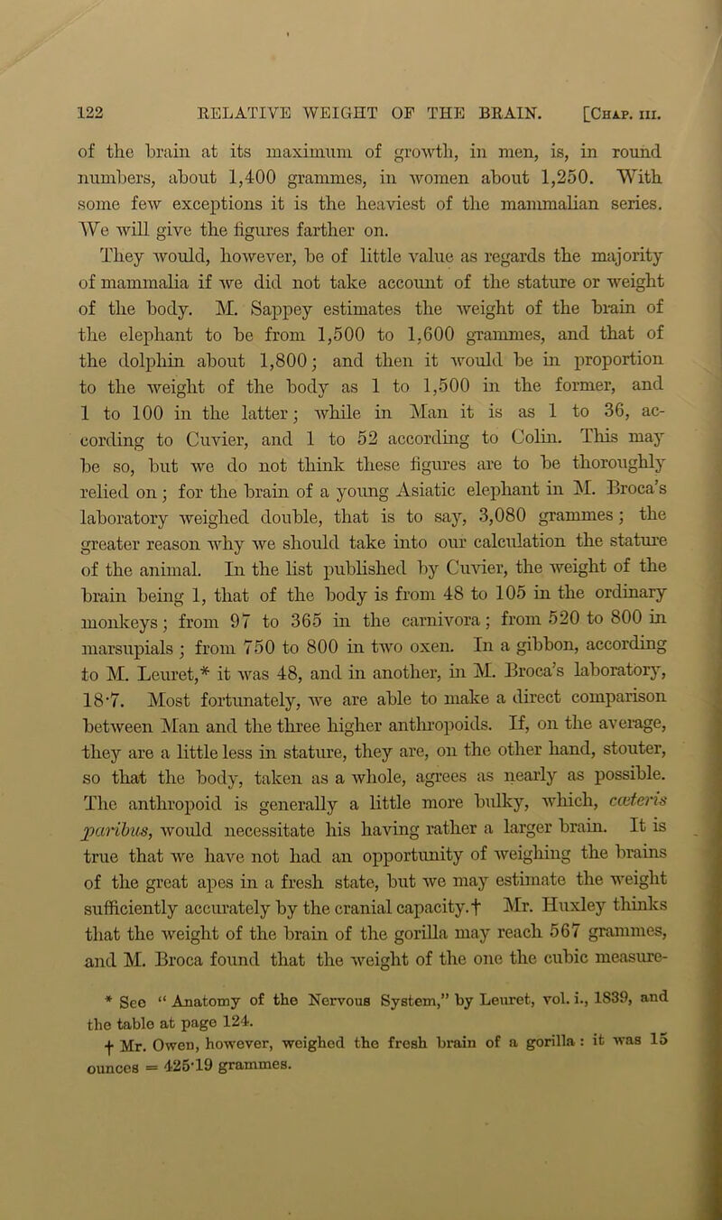 of the brain at its maximum of growth, in men, is, in round numbers, about 1,400 grammes, in women about 1,250. With some few exceptions it is the heaviest of the mammalian series. We will give the figures farther on. They would, however, be of little value as regards the majority of mammalia if we did not take account of the stature or weight of the body. M. Sappey estimates the weight of the brain of the elephant to be from 1,500 to 1,600 grammes, and that of the dolphin about 1,800; and then it would be in proportion to the weight of the body as 1 to 1,500 in the former, and 1 to 100 in the latter; while in Man it is as 1 to 36, ac- cording to Cuvier, and 1 to 52 according to Colin. This may be so, but we do not think these figures are to be thoroughly relied on ; for the brain of a young Asiatic elephant in M. Broca’s laboratory weighed double, that is to say, 3,080 grammes; the greater reason why we should take into our calculation the stature of the animal. In the list published by Cuvier, the weight of the brain being 1, that of the body is from 48 to 105 in the ordinary monkeys; from 97 to 365 in the carnivora; from 520 to 800 in marsupials ; from 750 to 800 in two oxen. In a gibbon, according to M. Leuret,* it was 48, and in another, in M. Broca’s laboratory, 18‘7. Most fortunately, we are able to make a direct comparison between Man and the three higher anthropoids. If, on the average, they are a little less in stature, they are, on the other hand, stouter, so that the body, taken as a whole, agrees as nearly as possible. The anthropoid is generally a little more bulky, which, catteris paribus, would necessitate his having rather a larger brain. It is true that we have not had an opportunity of weighing the brains of the great apes in a fresh state, but we may estimate the weight sufficiently accurately by the cranial capacity.! Mr. Huxley thinks that the weight of the brain of the gorilla may reach 567 grammes, and M. Broca found that the weight of the one the cubic measure- * Sco “ Anatomy of the Nervous System,” by Leuret, vol. i., 1S39, and the table at page 124. f Mr. Owen, however, weighod the fresh brain of a gorilla : it was 15 ounces = 425-19 grammes.