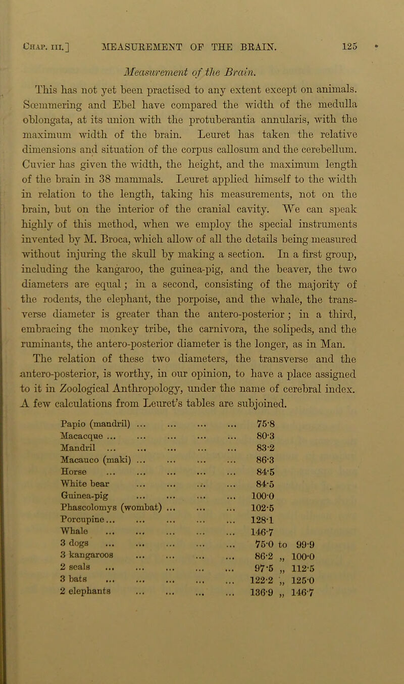 Measurement o f the Brain. This has not yet been practised to any extent except on animals. Scennnering and Ebel have compared the width of the medulla oblongata, at its union with the protuberantia annularis, with the maximum width of the brain. Leuret has taken the relative dimensions and situation of the corpus callosum and the cerebellum. Cuvier has given the width, the height, and the maximum length of the brain in 38 mammals. Leuret applied himself to the width in relation to the length, taking his measurements, not on the brain, but on the interior of the cranial cavity. We can speak highly of this method, when we employ the special instruments invented by M. Broca, which allow of all the details being measured without injuring the skull by making a section. In a first group, including the kangaroo, the guinea-pig, and the beaver, the two diameters are equal; in a second, consisting of the majority of the rodents, the elephant, the porpoise, and the whale, the trans- verse diameter is greater than the antero-posterior; in a third, embracing the monkey tribe, the carnivora, the solipeds, and the ruminants, the antero-posterior diameter is the longer, as in Man. The relation of these two diameters, the transverse and the antero-posterior, is worthy, hi our opinion, to have a place assigned to it in Zoological Anthropology, under the name of cerebral index. A few calculations from Leuret’s tables are subjoined. Papio (mandril) ... ... 75-8 Macacque ... 80-3 Mandril . . . 83-2 Macauco (maki) ... 86-3 Horse 84-5 White bear ... 84-5 Guinea-pig ... ... 1000 Phascolomys (wombat) ... ... 102-5 Porcupine... ... 128-1 Whale . . . ... 146-7 3 dogs 75-0 to 99-9 3 kangaroos ... 86-2 „ 100-0 2 seals 97-5 „ 112-5 3 bats ... 122-2 „ 1250 2 elephants ... ... 136-9 „ 146-7