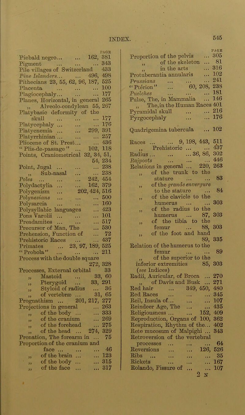 Piebald negro... Pierment PAGE 162, 381 ... 343 Pile villages of Switzerland 433 Pine Islanders... ... 496, 498 Pithecians 23, 55, 62, 96, 187, 525 Placenta ... ... ... 100 Plagiocephaly... ... ... 177 Planes, Horizontal, in general 265 ,, Alveolo-condylean 55, 267 Platvbasic deformity of tbe skull 177 Platycephaly ... ... ... 176 Platycnemia ... ... 299, 391 Platyrrhinian ... ... ... 257 Pliocene of St. Prest... ... 436 “ Plis-de-passage ” ... 102, 118 Points, Craniometrical 32, 34, 51, 54, 234 Point, Jugal ... „ Sub-nasal Poles ... Polydactylia ... Polygenism Polynesians Polysarcia Polysyllabic languages Pons Yarolii ... Preadamites ... Precursor of Man, The Prehension, Function of Prehistoric Paces Primates “ Probola” . 238 238 ... 242, 454 ... 162, 379 202, 424, 516 500 160 423 101 517 530 72 437 23, 97, 189, 525 211 Process with the double square 272, 328 Processes, External orbital 33 ,, Mastoid ... 33, 60 ,, Pterygoid ... 33, 291 ,, Styloid of radius ... 36 „ of vertebrae ... 31, 65 Prognathism ... 201, 217, 277 Projections in general ... 263 „ of the body ... ... 333 „ of the cranium ... 269 „ of the forehead ... 275 „ of the head ... 274, 329 Pronation, The forearm in ... 75 Proportion of the cranium and face ... ... ... 46 ,, of the brain ... ... 123 ,, of the body ... ... 315 „ of the face ... ... 317 PAGE Proportion of the pelvis ... 305 „ of the skeleton ... 81 „ in the arts ... 316 Protuberantia annularis ... 102 Prussians ... ... ••• 241 “Pterion” ... 60, 208, 238 Puelches ... ... ... 181 Pulse, The, in Mammalia ... 146 „ The,in the Human Races 401 Pyramidal skull ... ... 216 Pyrgocephaly ... ... 176 I Quadrigemina tubercula ... 102 Eaces ... ... 9, 198, 443, 511 ,, Prehistoric ... ... 437 Radius... ... ...36,86, 302 Rajpoots ... ... ... 446 Relations in general ... 220, 263 „ of the trunk to the stature ... ... 83 „ of the grande envergure to the stature ... 84 ,, of the clavicle to the humerus ... ... 303 „ of the radius to the humerus ... 87, 303 „ of the tibia to the femur ... 88, 303 „ of the foot and hand S9, 335 Relation of the humerus to the femur 89 ,, of the superior to the inferior extremities 85, 303 (see Indices) Radii, Auricular, of Broca ... 270 „ of Davis and Busk ... 271 Redhair ... 349,450,480 Red Races ... ... ... 345 Reil, Insula of... ... ... 107 Reindeer Age, The ... ... 435 Religiousness ... ... 152, 409 Reproduction, Organs of 100, 362 Respiration, Rhythm of the... 402 Rete mucosum of Malpighi ... 343 Retroversion of the vertebral processes ... Reversions Ribs Rickets Rolando, Fissure of ... 64 126, 526 ... 35 ... 167 ... 107 2 N