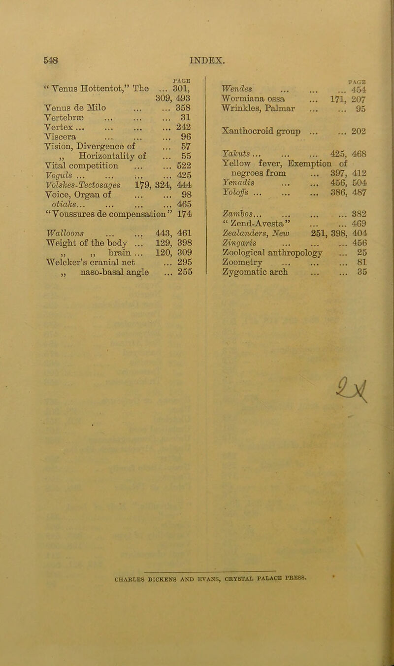 PAGE “ Venus Hottentot,” The ... 301, 309, 493 Venus de Milo ... ... 358 Vertebrae ... ... ... 31 Vertex... ... ... ... 242 Viscera ... ... ... 96 Vision, Divergence of ... 57 ,, Horizontality of ... 55 Vital competition ... ... 522 Voguls ... ... ;.. ... 425 Volskes-Tectosages 179, 324, 444 Voice, Organ of 98 otialcs... ... ... ... 465 “Voussures de compensation” 174 Walloons ... ... 443, 461 Weight of the body ... 129, 398 „ „ brain ... 120, 309 Welcker’s cranial net ... 295 „ naso-basal angle ... 255 Wendes Wormiana ossa Wrinkles, Palmar PAGE ... 454 171, 207 ... 95 Xanthocroid group ... 202 Yakuts... 425, 468 Yellow fever, Exemption of negroes from ... 397, 412 Yenadis ... 456, 504 Yoloffs ... ... 386, 487 Zambos... 3S2 “ Zend-Avesta” 469 Zealanders, New 251, 398, 404 Zinga/ris 456 Zoological anthropology ... 25 Zoometry 81 Zygomatic arch ... ... 35 CHARLES DICKENS AND EVANS, CRYSTAL PALACE PRESS.