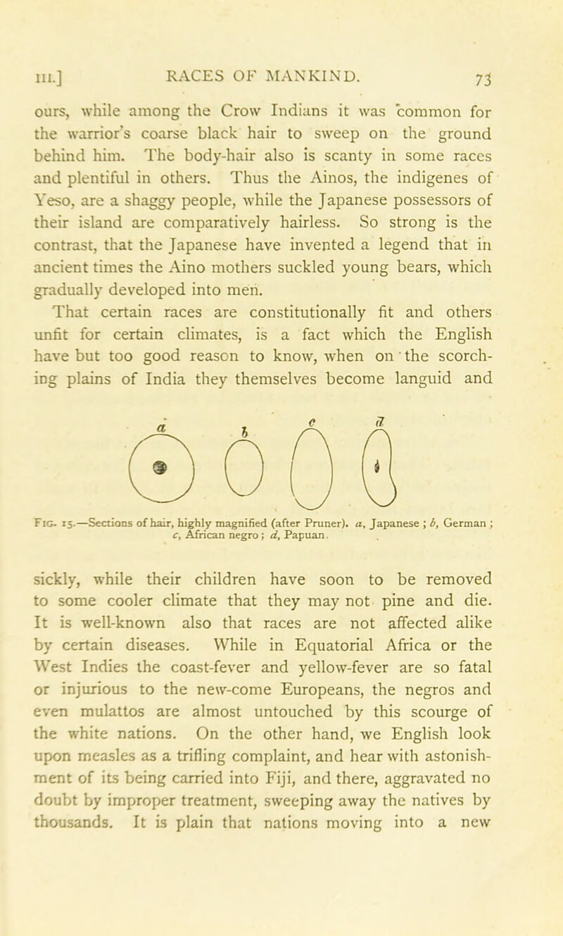 ours, while among the Crow Indians it was common for the warrior's coarse black hair to sweep on the ground behind him. The body-hair also is scanty in some races and plentiful in others. Thus the Ainos, the indigenes of Yeso, are a shaggy people, while the Japanese possessors of their island are comparatively hairless. So strong is the contrast, that the Japanese have invented a legend that in ancient times the Aino mothers suckled young bears, which gradually developed into men. That certain races are constitutionally fit and others unfit for certain climates, is a fact which the English have but too good reason to know, when on' the scorch- ing plains of India they themselves become languid and Fig. 15.—Sections of hair, highly magnified (after Pruner). a, Japanese ; bt German ; c, African negro ; d, Papuan. sickly, while their children have soon to be removed to some cooler climate that they may not pine and die. It is well-known also that races are not affected alike by certain diseases. While in Equatorial Africa or the West Indies the coast-fever and yellow-fever are so fatal or injurious to the new-come Europeans, the negros and even mulattos are almost untouched by this scourge of the white nations. On the other hand, we English look upon measles as a trifling complaint, and hear with astonish- ment of its being carried into Fiji, and there, aggravated no doubt by improper treatment, sweeping away the natives by thousands. It is plain that nations moving into a new