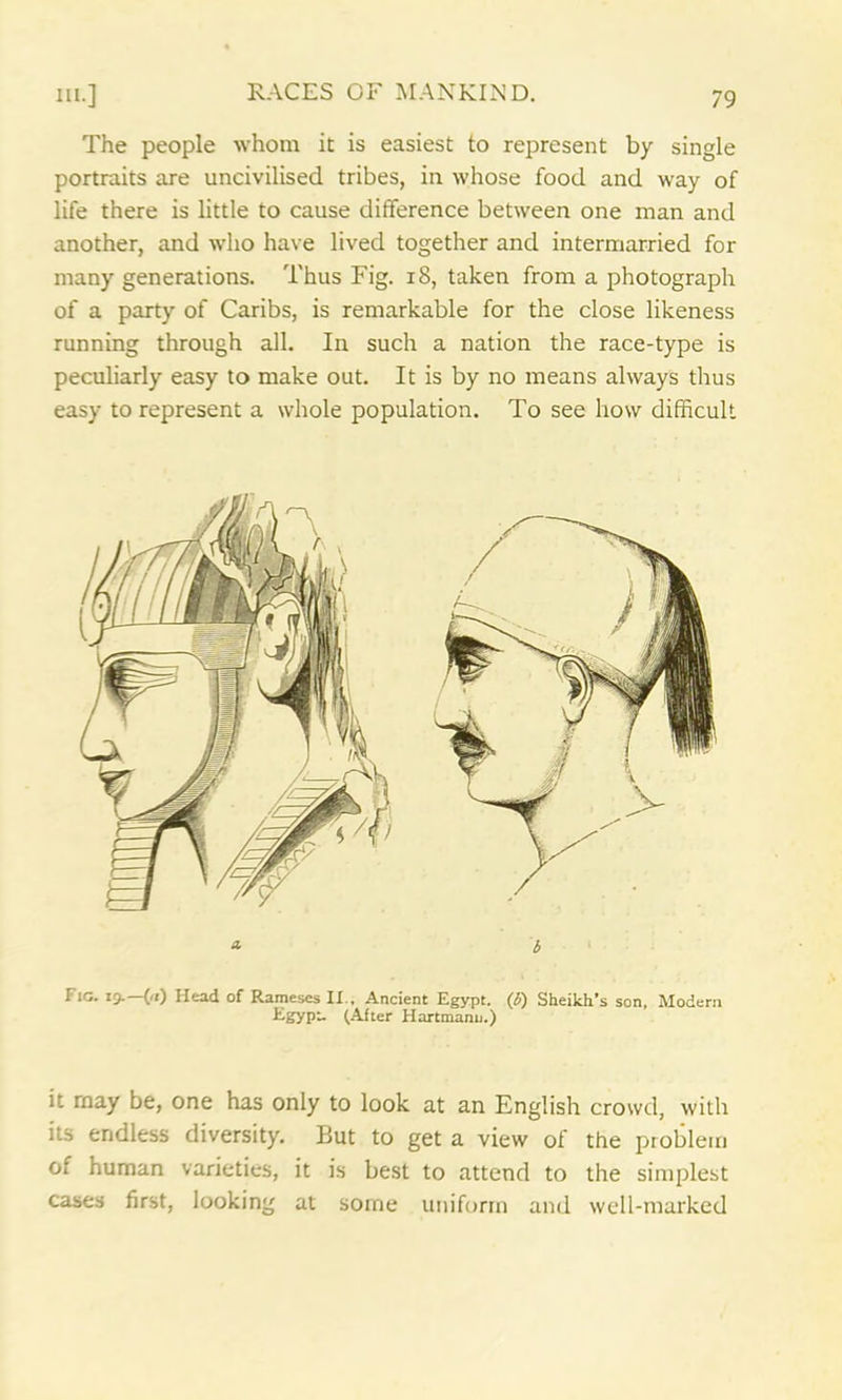 The people whom it is easiest to represent by single portraits are uncivilised tribes, in whose food and way of life there is little to cause difference between one man and another, and who have lived together and intermarried for many generations. Thus Fig. 18, taken from a photograph of a party of Caribs, is remarkable for the close likeness running through all. In such a nation the race-type is peculiarly easy to make out. It is by no means always thus easy to represent a whole population. To see how difficult * b Fig. 19.—(a) Head of Rameses If.. Ancient Egypt, (b) Sheikh’s son, Modern i-syp- (After Hartmann.) it rnay be, one has only to look at an English crowd, with its endless diversity. But to get a view of the problem of human varieties, it is best to attend to the simplest cases first, looking at some uniform and well-marked