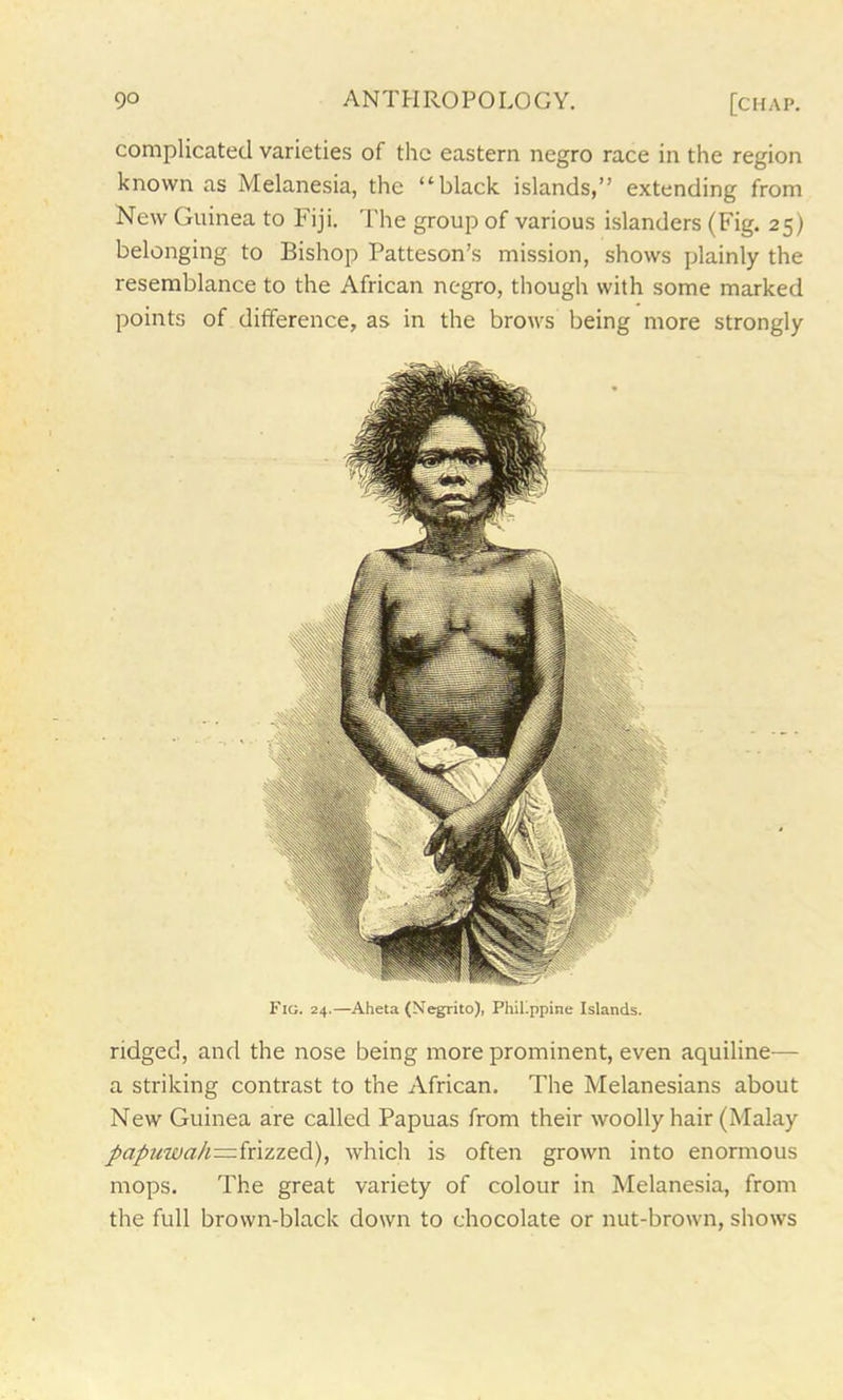 complicated varieties of the eastern negro race in the region known as Melanesia, the “black islands,” extending from New Guinea to Fiji. The group of various islanders (Fig. 25) belonging to Bishop Patteson’s mission, shows plainly the resemblance to the African negro, though with some marked points of difference, as in the brows being more strongly Fig. 24.—Aheta (Negrito), Philippine Islands. ridged, and the nose being more prominent, even aquiline— a striking contrast to the African. The Melanesians about New Guinea are called Papuas from their woolly hair (Malay papuwah—frizzed), which is often grown into enormous mops. The great variety of colour in Melanesia, from the full brown-black down to chocolate or nut-brown, shows