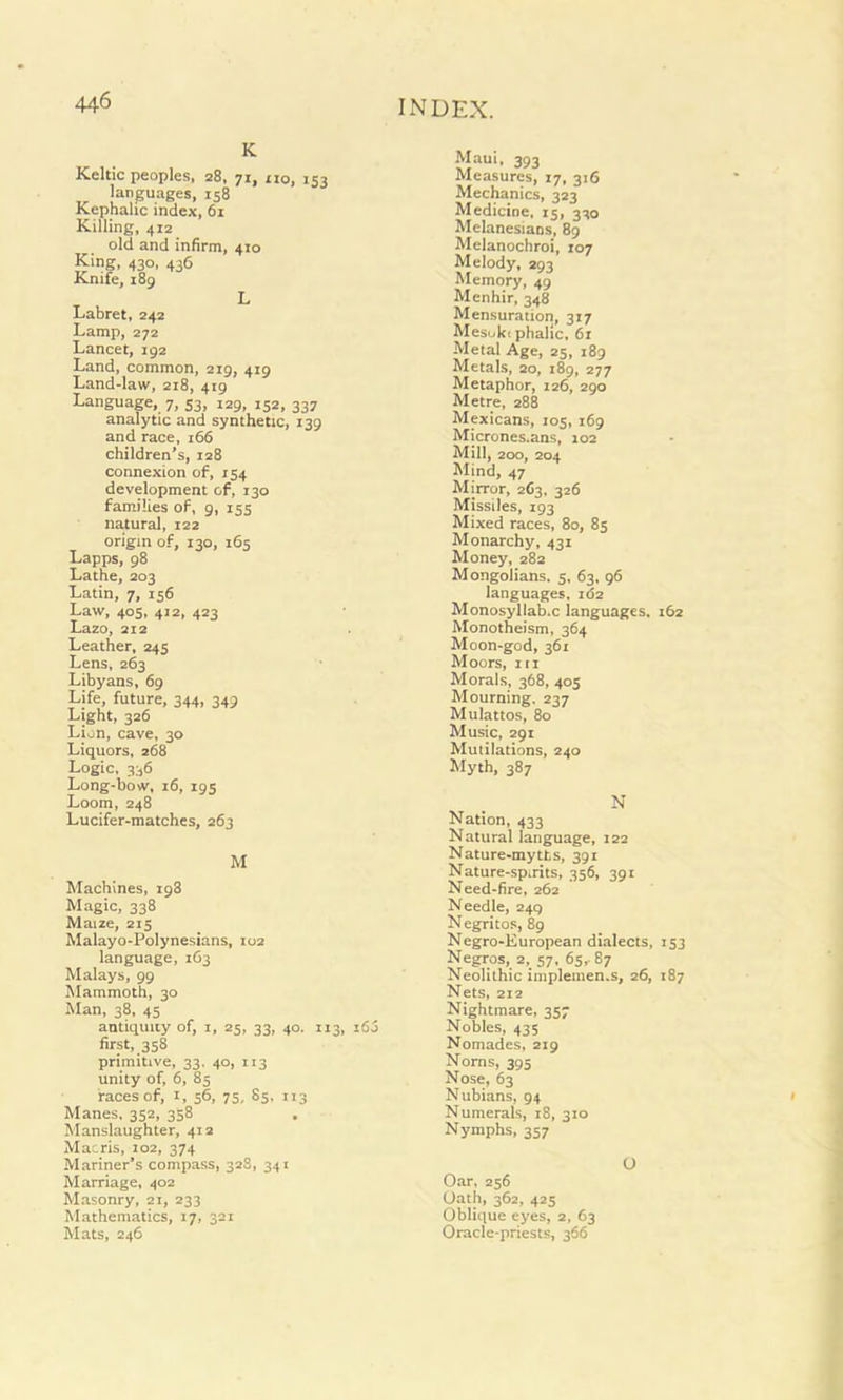 K Keltic peoples, 28, 71, no, 153 languages, 158 Kephalic index, 61 Killing, 412 old and infirm, 410 King, 430, 436 Knife, 189 _ L Labret, 242 Lamp, 272 Lancet, 192 Land, common, 219, 419 Land-law, 218, 419 Language, 7, 53, 129, 152, 337 analytic and synthetic, 139 and race, 166 children’s, 128 connexion of, 154 development of, 130 families of, 9, 155 natural, 122 origin of, 130, 165 Lapps, 98 Lathe, 203 Latin, 7, 156 Law, 405, 412, 423 Lazo, 212 Leather, 245 Lens, 263 Libyans, 69 Life, future, 344, 349 Light, 326 Lion, cave, 30 Liquors, 268 Logic, 336 Long-bow, 16, 195 Loom, 248 Lucifer-matches, 263 M Machines, 198 Magic, 338 Maize, 215 Malayo-Polynesians, 102 language, 163 Malays, 99 Mammoth, 30 Man, 38, 45 antiquity of, 1, 25, 33, 40. 113, iS5 first, 358 primitive, 33, 40, 113 unity of, 6, 85 faces of, 1, 56, 75, 85, 113 Manes, 352, 358 Manslaughter, 412 Maoris, 102, 374 Mariner’s compass, 328, 341 Marriage, 402 Masonry, 21, 233 Mathematics, 17, 321 Mats, 246 Maui, 393 Measures, 17, 316 Mechanics, 323 Medicine, 15, 330 Melanesians, 89 Melanochroi, 107 Melody, 293 Memory, 49 Menhir, 348 Mensuration, 317 Mesuki phalic, 61 Metal Age, 25, 189 Metals, 20, 189, 277 Metaphor, 126, 290 Metre, 288 Mexicans, 105, 169 Micrones.ans, 102 Mill, 200, 204 Mind, 47 Mirror, 263, 326 Missiles, 193 Mixed races, 80, 85 Monarchy, 431 Money, 282 Mongolians. 5, 63, 96 languages, 162 Monosyllab.c languages, 162 Monotheism, 364 Moon-god, 361 Moors, hi Morals, 368, 405 Mourning. 237 Mulattos, 80 Music, 291 Mutilations, 240 Myth, 387 N Nation, 433 Natural language, 122 Nature-myths, 391 Nature-spirits, 356, 391 Need-fire, 262 Needle, 249 N egritos, 8g Negro-European dialects, 153 Negros, 2,_ 57, 65,87 Neolithic implemen.s, 26, 187 Nets, 212 Nightmare, 357 Nobles, 435 Nomades, 219 Norns, 395 Nose, 63 Nubians, 94 Numerals, 18, 310 Nymphs, 357 O Oar, 256 Oath, 362, 425 Oblique eyes, 2, 63 Oracle-priests, 366