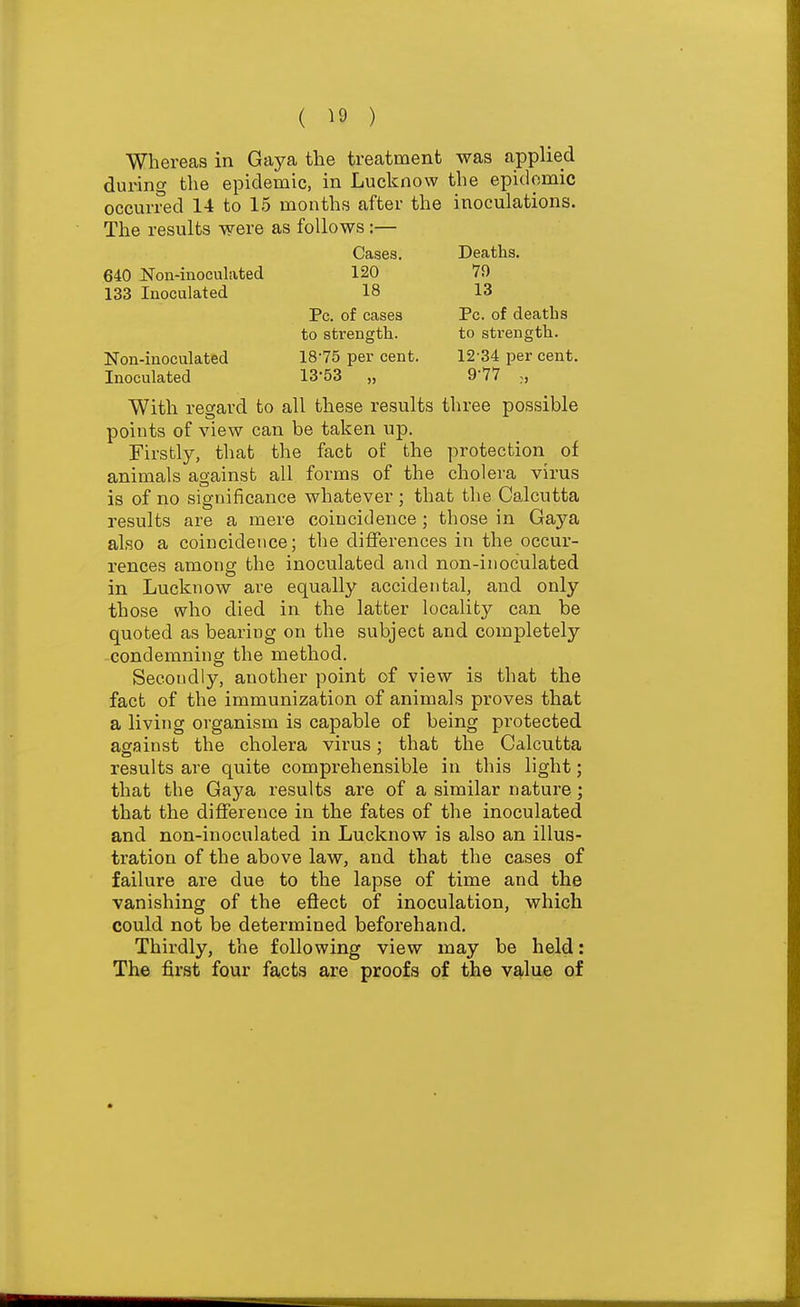 ( ^9 ) Whereas in Gaya the treatment was applied during the epidemic, in Lucknow the epidemic occurred 14 to 15 months after the inoculations. The results were as follows:— Cases. Deaths. 640 Non-inoculated 120 79 133 Inoculated 18 13 Pc. of cases Pc. of deaths to strength. to strength. Non-inoculated 18-75 per cent. 12-34 per cent. Inoculated 13*53 „ 9-77 With regard to all these results three possible points of view can be taken up. Firstly, that the fact of the protection of animals against all forms of the cholera virus is of no significance whatever ; that the Calcutta results are a naere coincidence ; those in Gaya also a coincidence; the differences in the occur- rences among the inoculated and non-inoculated in Lucknow are equally accidental, and only those who died in the latter locality can be quoted as bearing on the subject and completely condemning the method. Secondly, another point of view is that the fact of the immunization of animals proves that a living organism is capable of being protected against the cholera virus; that the Calcutta results are quite comprehensible in this light; that the Gaya results are of a similar nature; that the difference in the fates of the inoculated and non-inoculated in Lucknow is also an illus- tration of the above law, and that the cases of failure are due to the lapse of time and the vanishing of the effect of inoculation, which could not be determined beforehand. Thirdly, the following view may be held: The first four facta are proofs of the value of