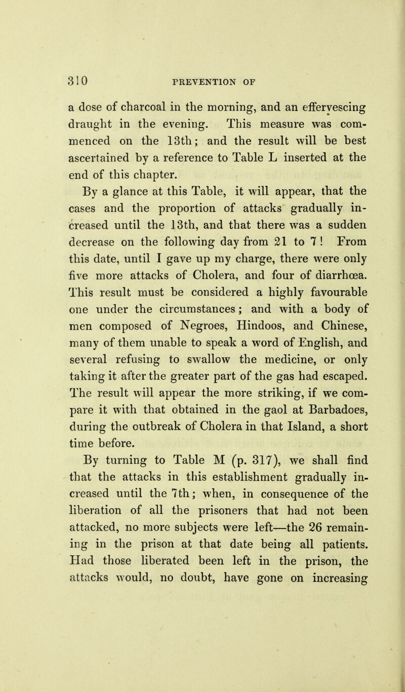 a dose of charcoal in the morning, and an effervescing draught in the evening. This measure was com- menced on the 13th; and the result will be best ascertained by a reference to Table L inserted at the end of this chapter. By a glance at this Table, it will appear, that the cases and the proportion of attacks gradually in- creased until the 13th, and that there was a sudden decrease on the following day from 21 to 7 ! From this date, until I gave up my charge, there were only five more attacks of Cholera, and four of diarrhoea. This result must be considered a highly favourable one under the circumstances; and with a body of men composed of Negroes, Hindoos, and Chinese, many of them unable to speak a word of English, and several refusing to swallow the medicine, or only taking it after the greater part of the gas had escaped. The result will appear the more striking, if we com- pare it with that obtained in the gaol at Barbadoes, during the outbreak of Cholera in that Island, a short time before. By turning to Table M (p. 317), we shall find that the attacks in this establishment gradually in- creased until the 7th; when, in consequence of the liberation of all the prisoners that had not been attacked, no more subjects were left—the 26 remain- ing in the prison at that date being all patients. Had those liberated been left in the prison, the attacks would, no doubt, have gone on increasing