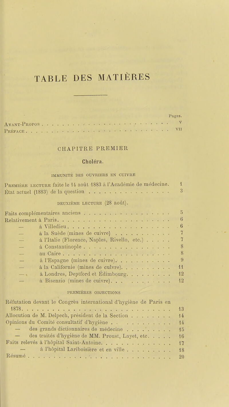 TABLE DES MATIÈRES Pages. Avant-Propos ^ Préface ^ CHAPITRE PREMIER Choléra. IMMUNITÉ DES OUVRIERS EN CUIVRE Première lecture faite le 14 août 1883 à l'Académie de médecine. 1 État actuel (1883) de la question 3 DEUXIÈME LECTURE (28 aOÛt). Faits complémentaires anciens 5 Relativement à Paris 6 — à Villedieu 6 — à la Suède (mines de cuivre) 7 — à l'Italie (B'iorence, Naples, Rivello, etc.) 7 — à Constantinople ■ . 8 — au Caire 8 — à l'Espagne (mines de cuivre) 9 — à la Californie (mines de cuivre) 11 — , à Londres, Deptford et Edimbourg 12 — à Bisenzio (mines de cuivre) 12 PREMIÈRES OBJECTIONS Réfutation devant le Congrès international d'hygiène de Paris en 1878 13 Allocution de M. Delpech, président de la Section 14 Opinions du Comité consultatif d'hygiène 14 — des grands dictionnaires de médecine 15 — des traités d'hygiène de MM. Proust, Layet, etc 16 Faits relevés à l'hôpital Saint-Antoine 17 — à l'hôpital Lariboisière et en ville 18 Résumé 20