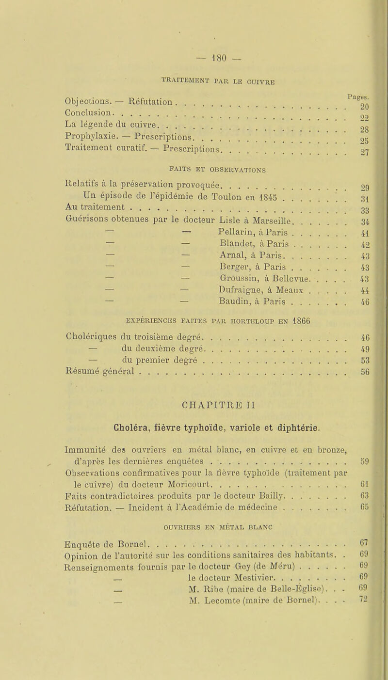 TRAITEJIENT PAR LE CUIVRE Objections. — Réfutation '^^20 Conclusion • • • . La légende du cuivi-e. ' 28 Prophylaxie. — Prescriptions ' 25 Traitement curatif. — Prescriptions 27 FAITS ET OBSERVATIONS Relatifs à la préservation provoquée 99 Un épisode de l'épidémie de Toulon en 1845 31 Au traitement ^'i Guérisons obtenues par le docteur Lisle à Marseille 34 — — Pellarin, à Paris 41 — — Blandet, à Paris 42 — — Arnal, à Paris 43 — — Berger, à Paris 43 — — Groussin, à Bellevue 43 — — Dufraigne, à Meaux 44 — — Baudin, à Paris 4G EXPÉRIENCIiS FAITES PAR HORTELOUP EN 1866 Cholériques du troisième degré 46 — du deuxième degré , 49 — du premier degré 53 Résumé général 36 CHAPITRE II Choléra, fièvre typhoïde, variole et diphtérie. Immunité des ouvriers en métal blanc, en cuivre et en bronze, d'après les dernières enquêtes 59 Observations conflrmatives pour la lièvre typhoïde (traitement par le cuivre) du docteur Moricourt Ci Faits contradictoires produits par le docteur Bailly 63 Réfutation. — Incident à l'Académie de médecine 6a OUVRIERS EN MÉTAL BLANC Enquête de Bornel 67 Opinion de l'autorité sur les conditions sanitaires des habitants. . 69 Renseignements fournis par le docteur Gey (de Méru) 69 le docteur Mestivier 69 — M. Ribe (maire de Belle-Église). . . 69 — M. Lecomte (maire de Bornel). ... 72